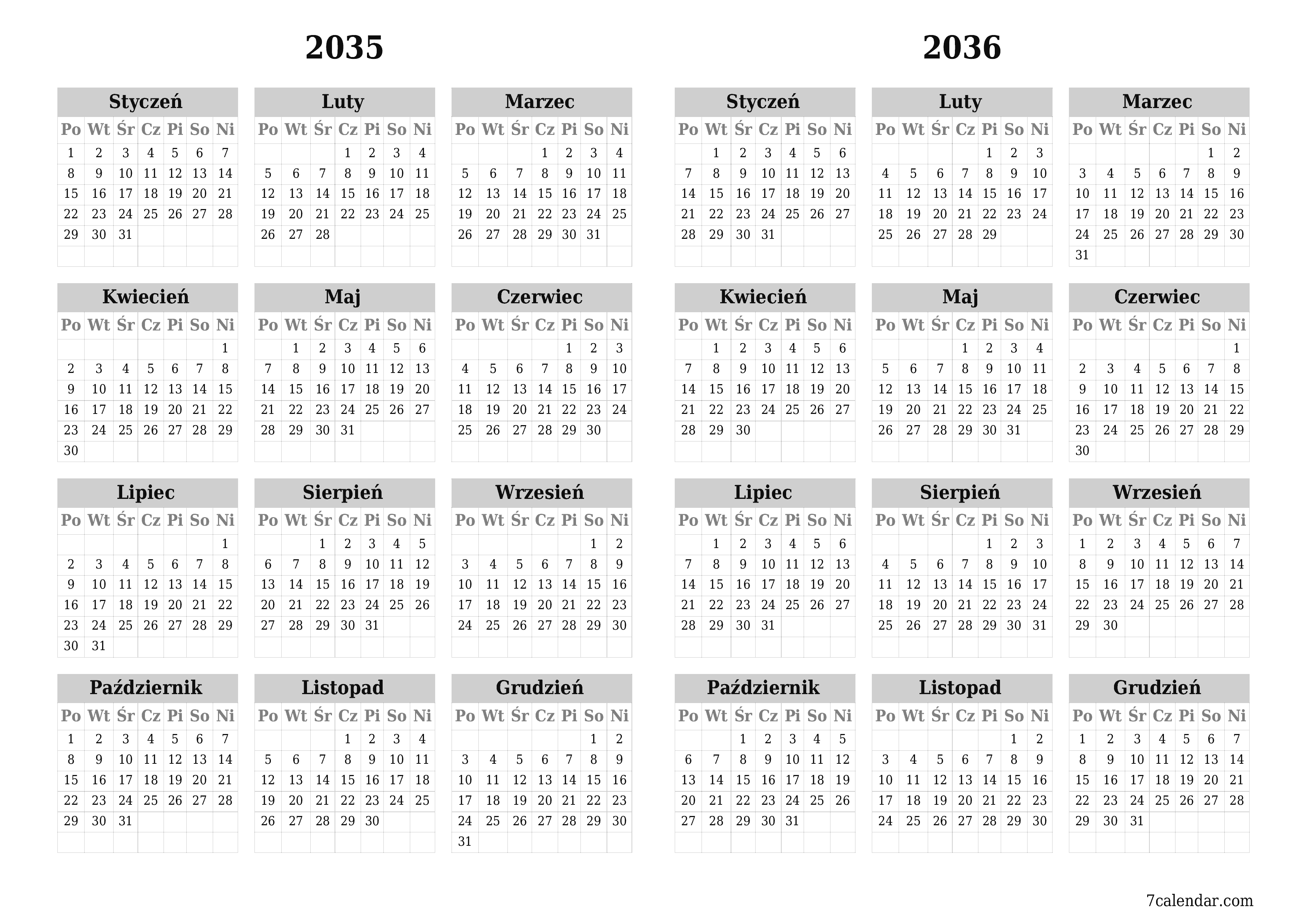 Opróżnij kalendarz rocznego planowania na rok 2035, 2036 z notatkami, zapisz i wydrukuj w formacie PDF PNG Polish