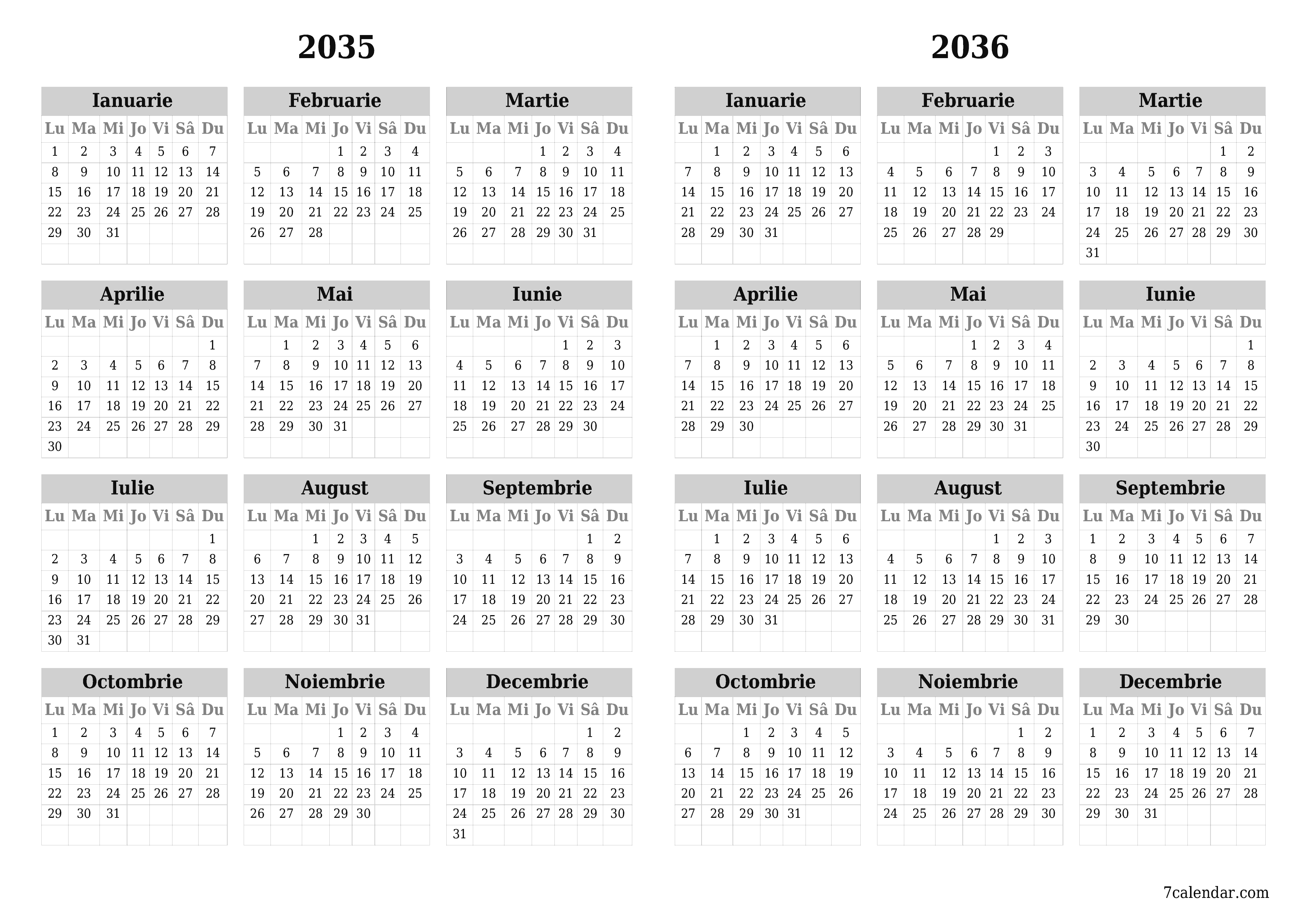 Goliți calendarul anual al planificatorului pentru anul 2035, 2036 cu note, salvați și tipăriți în PDF PNG Romanian