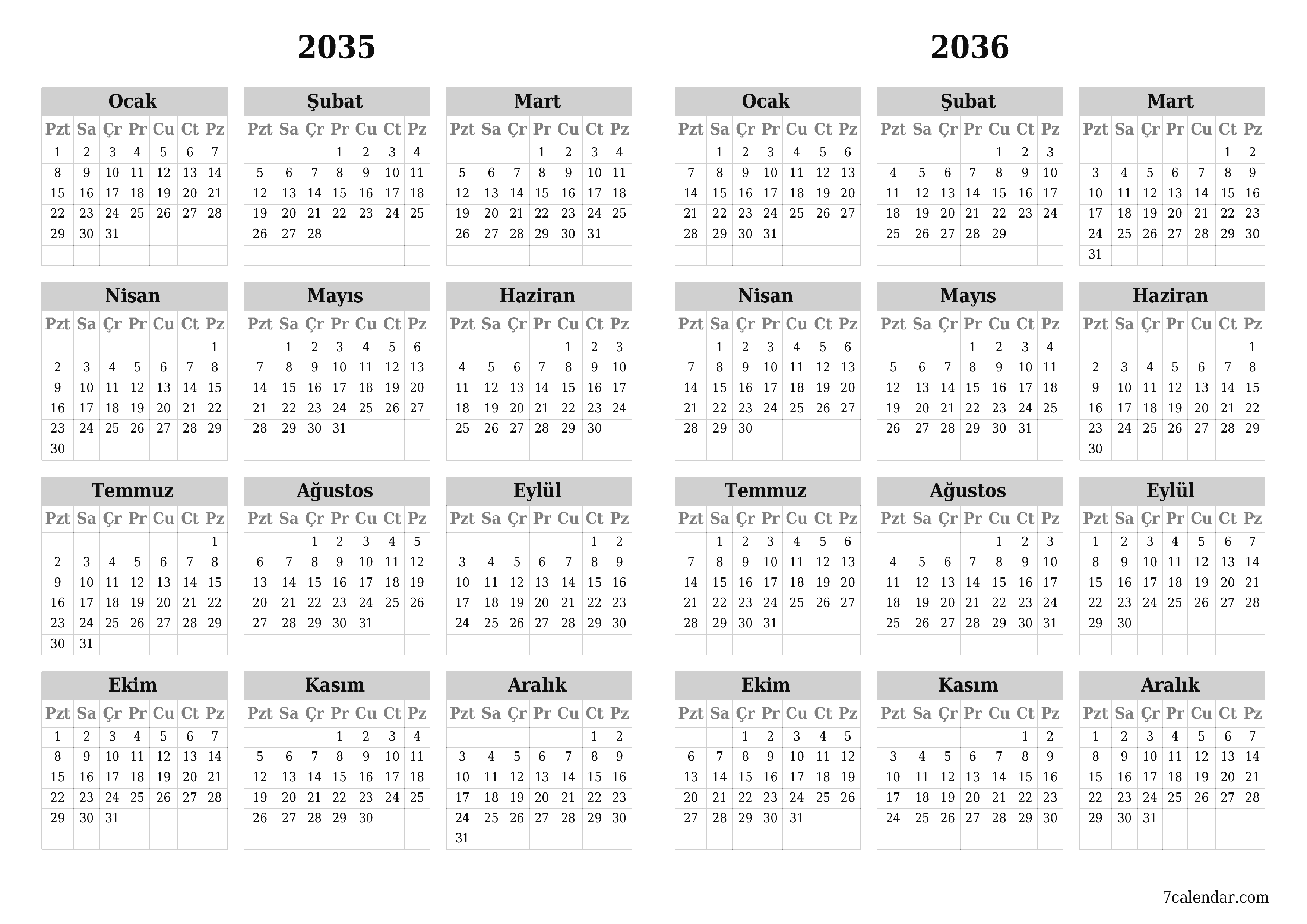 Notlarla 2035, 2036 yıl için yıllık planlayıcı takvimini boşaltın, kaydedin ve PDF olarak yazdırın PNG Turkish