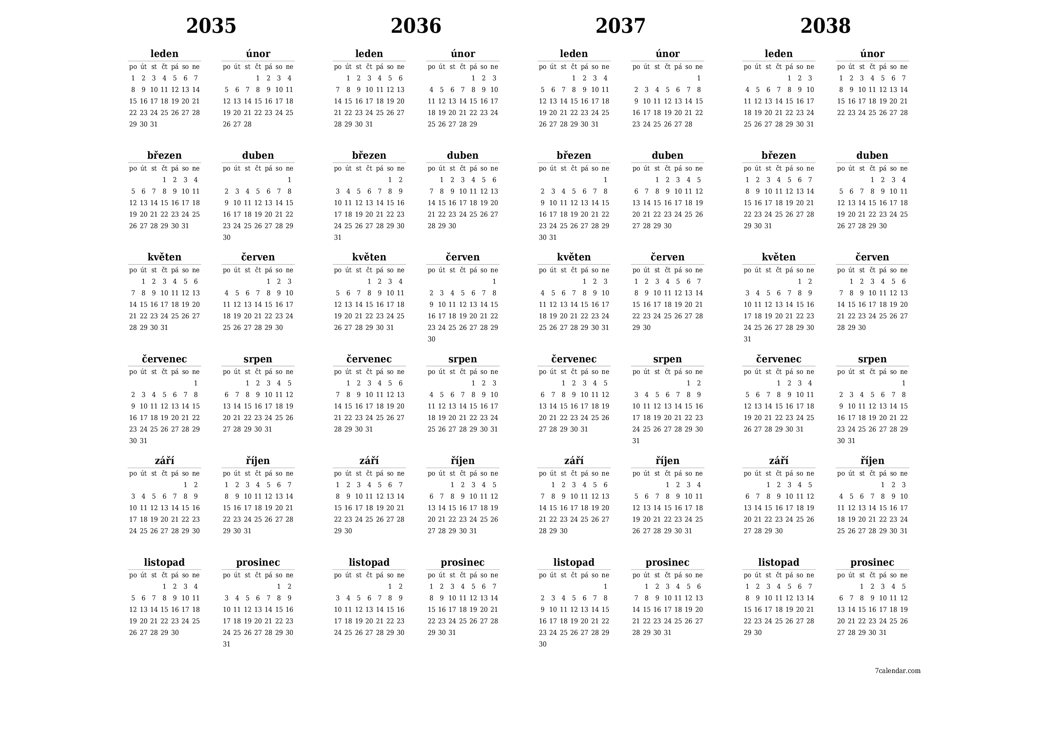 Prázdný roční kalendář plánovače pro rok 2035, 2036, 2037, 2038 s poznámkami, uložením a tiskem do PDF PNG Czech