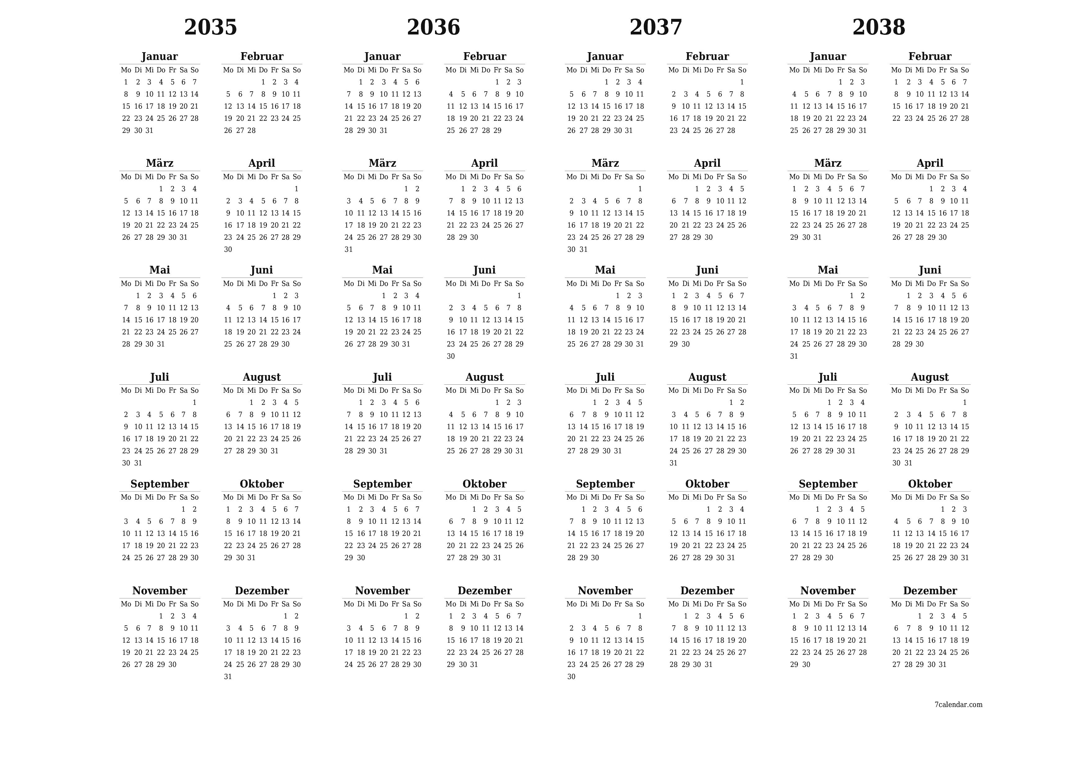 Jahresplanerkalender für das Jahr 2035, 2036, 2037, 2038 mit Notizen leeren, speichern und als PDF PNG German - 7calendar.com drucken