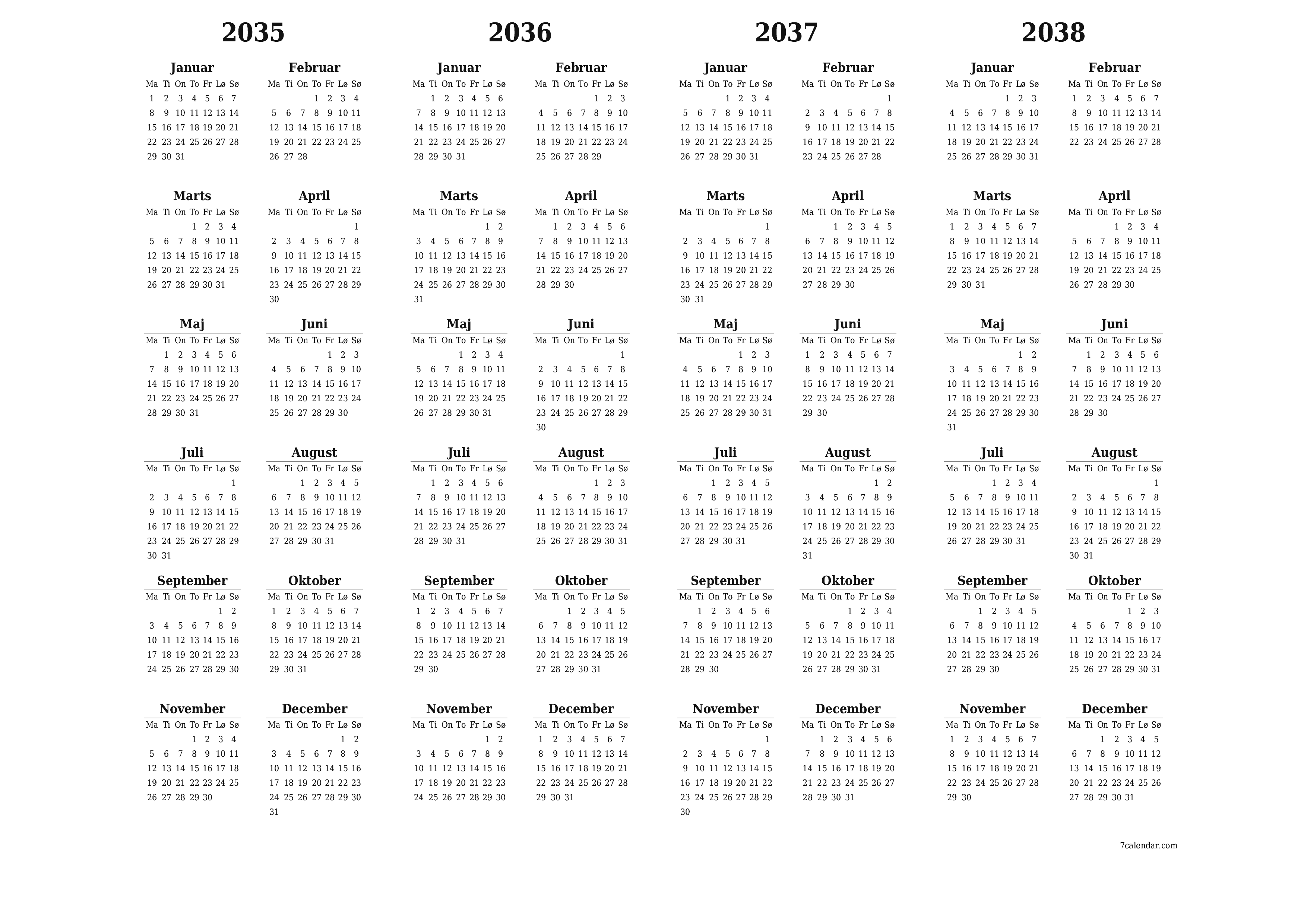 Tom årlig planlægningskalender for året 2035, 2036, 2037, 2038 med noter, gem og udskriv til PDF PNG Danish