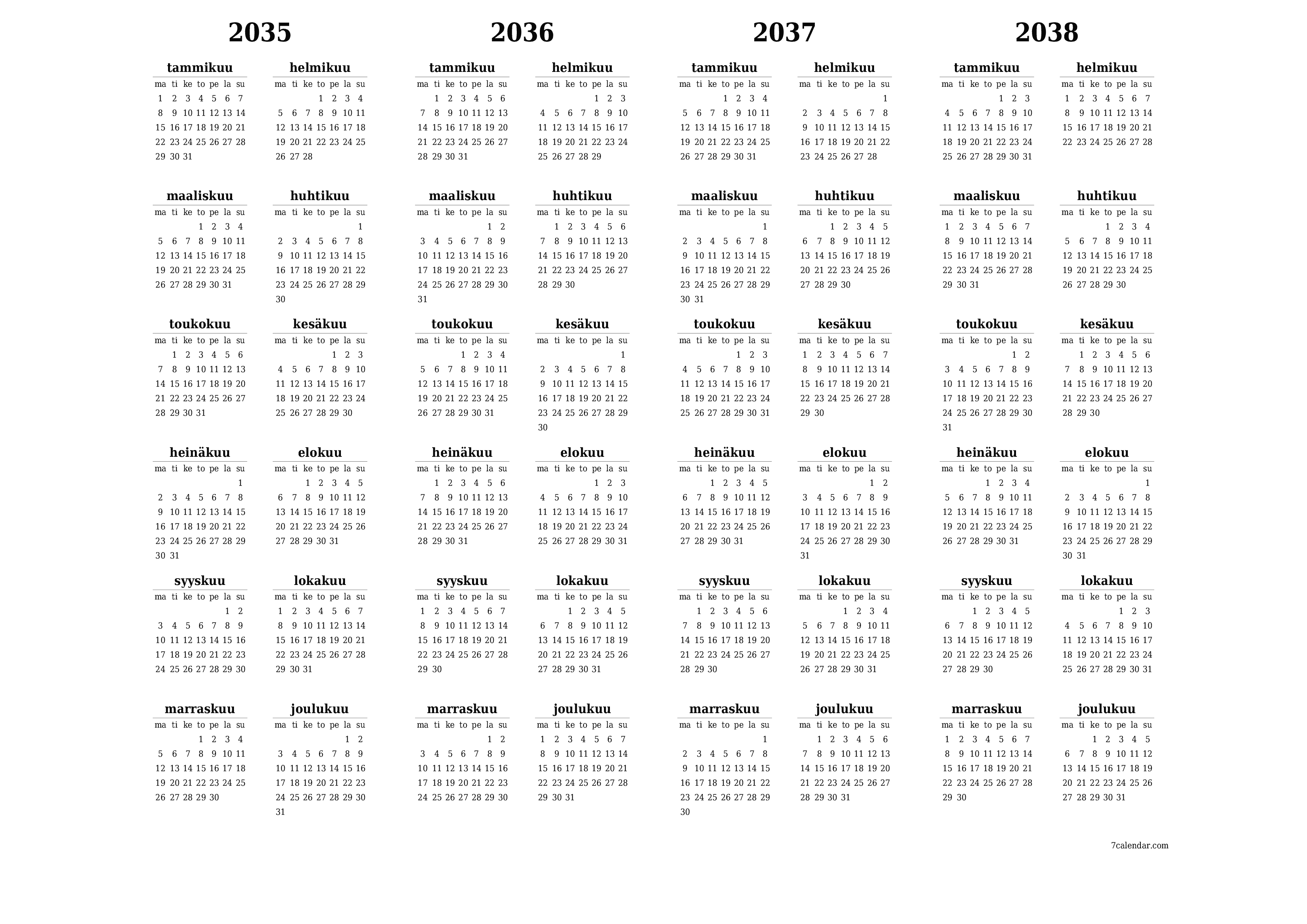 Tyhjä vuosisuunnittelukalenteri vuodelle 2035, 2036, 2037, 2038 muistiinpanoilla, tallenna ja tulosta PDF-muotoon PNG Finnish