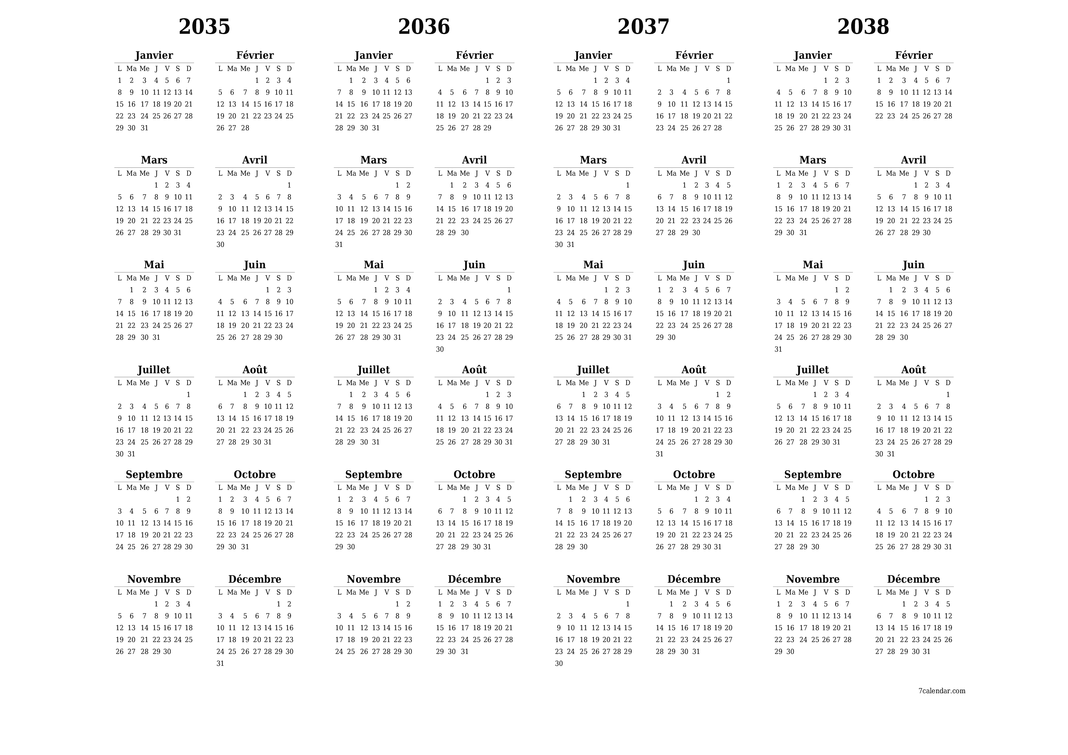 Calendrier annuel vide pour l'année 2035, 2036, 2037, 2038 avec notes, enregistrer et imprimer au format PDF PNG French