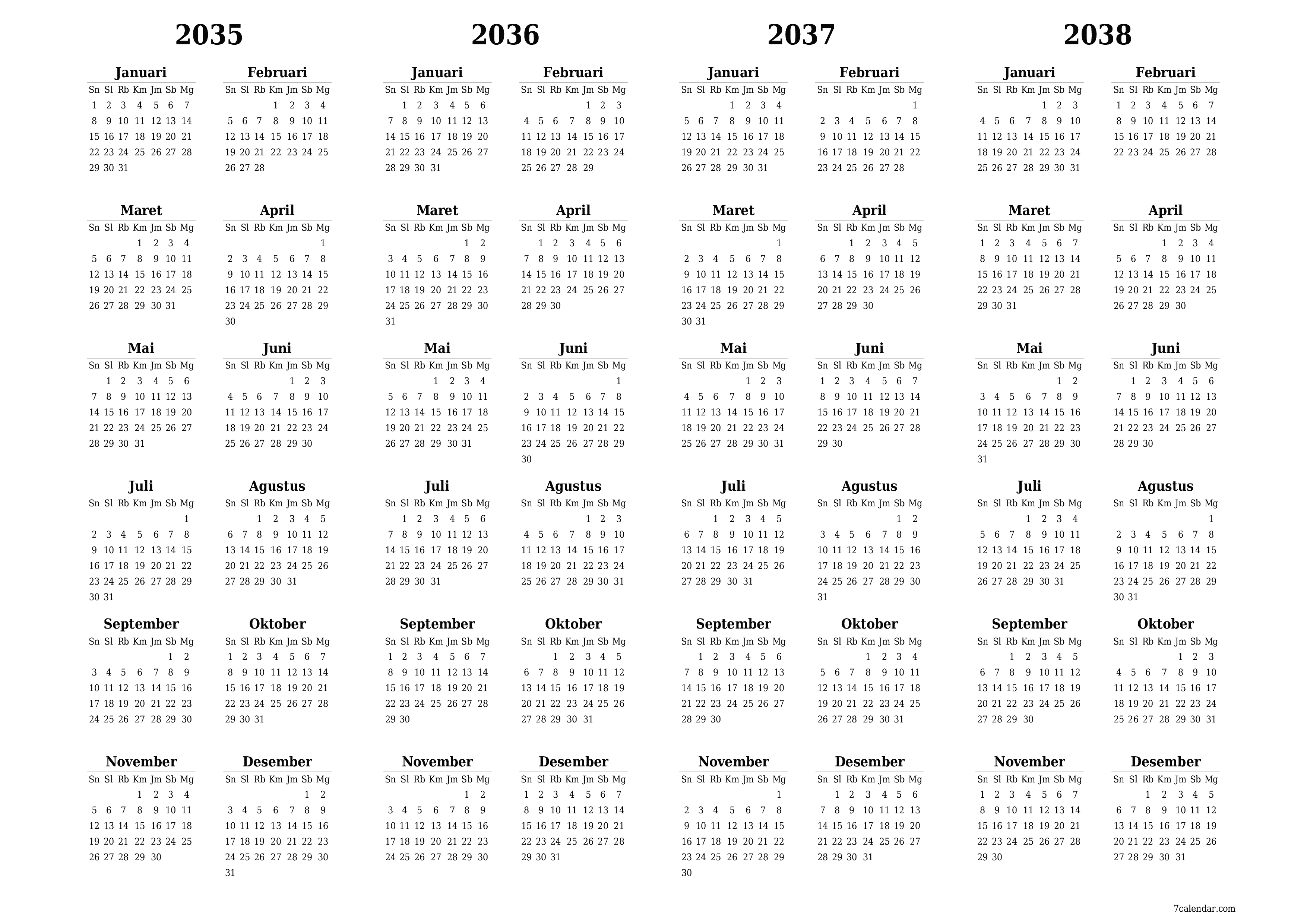 Kosongkan kalender perencana tahunan untuk tahun ini 2035, 2036, 2037, 2038 dengan catatan, simpan dan cetak ke PDF PNG Indonesian