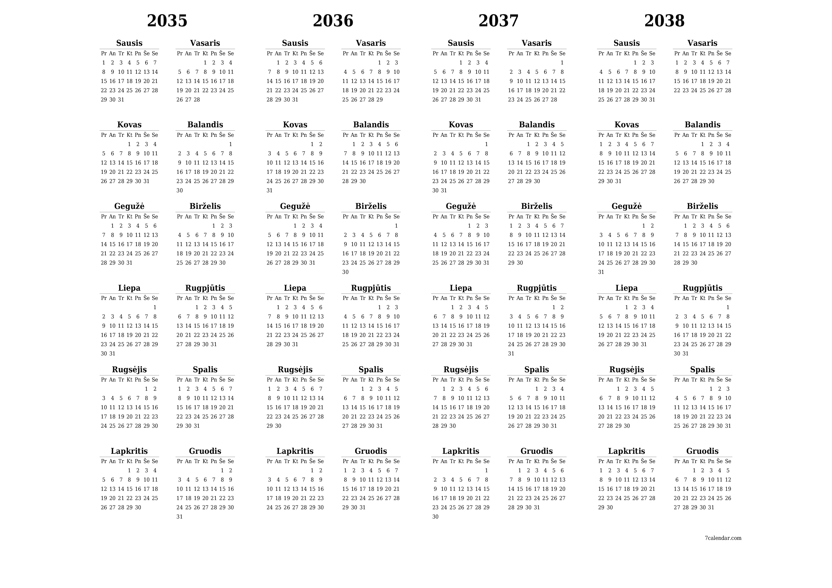Tuščias metų planavimo kalendorius 2035, 2036, 2037, 2038 su užrašais, išsaugokite ir atsispausdinkite PDF formatu PNG Lithuanian