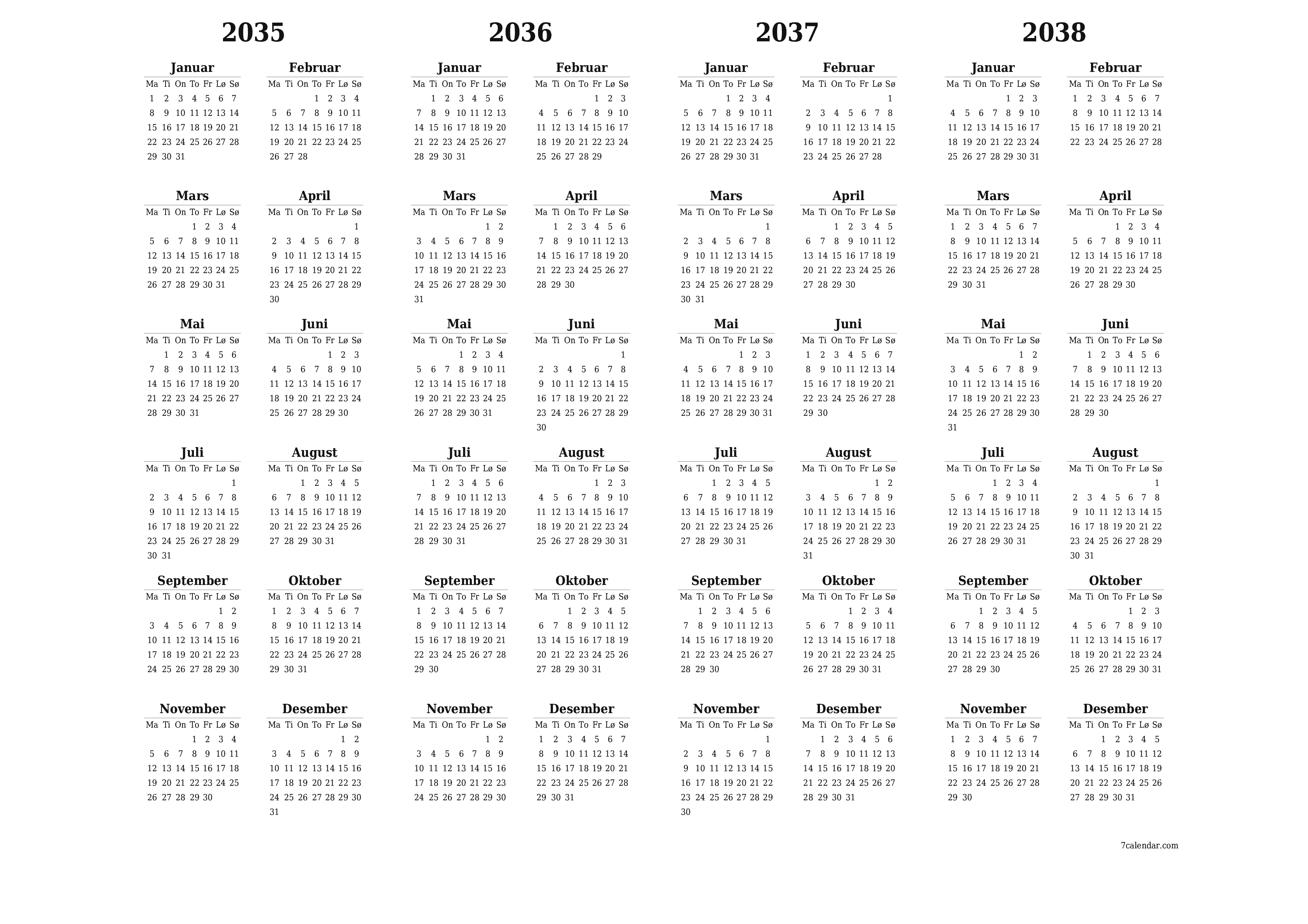 Tom årlig planleggerkalender for året 2035, 2036, 2037, 2038 med notater, lagre og skrive ut i PDF PNG Norwegian