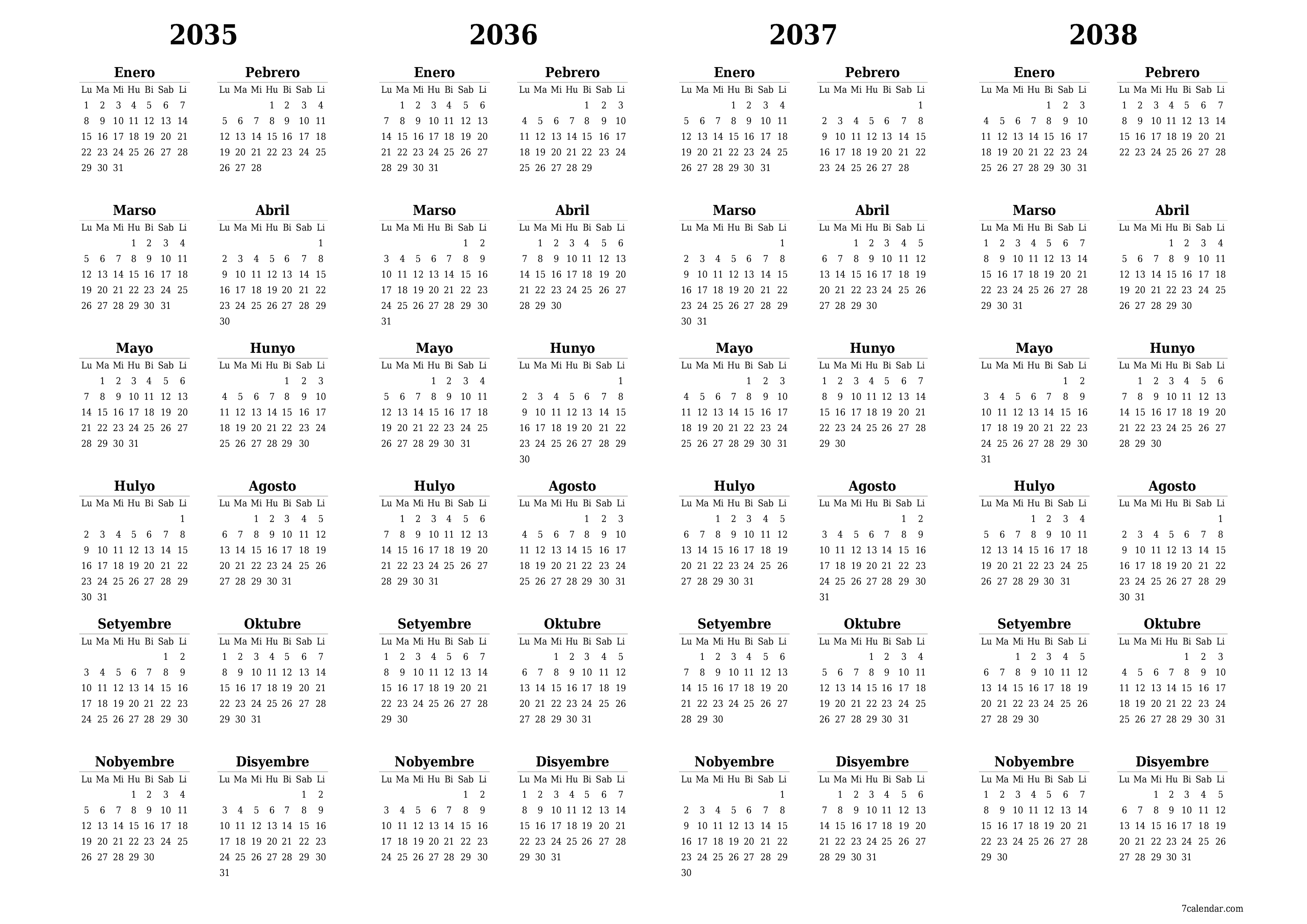 Walang laman ang taunang kalendaryo ng tagaplano para sa taong 2035, 2036, 2037, 2038 na may mga tala, i-save at i-print sa PDF PNG Filipino