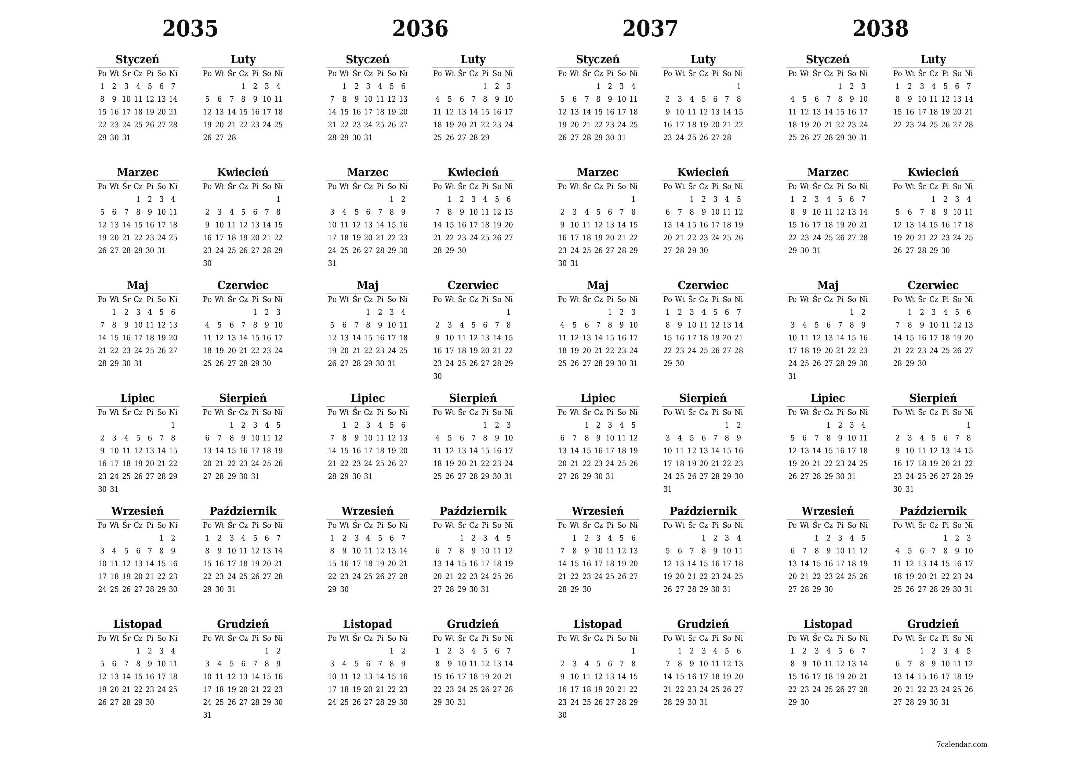 Opróżnij kalendarz rocznego planowania na rok 2035, 2036, 2037, 2038 z notatkami, zapisz i wydrukuj w formacie PDF PNG Polish