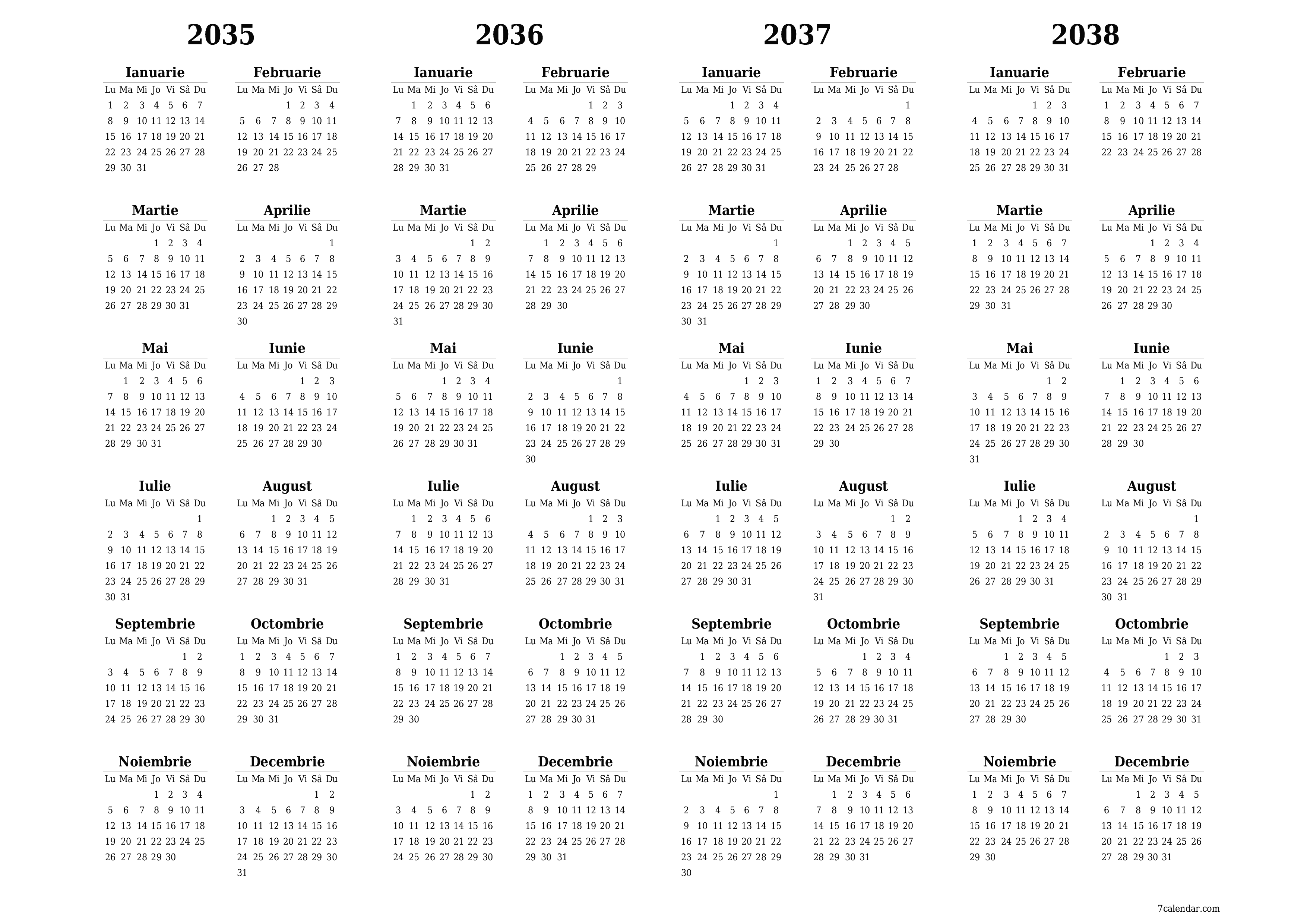 Goliți calendarul anual al planificatorului pentru anul 2035, 2036, 2037, 2038 cu note, salvați și tipăriți în PDF PNG Romanian