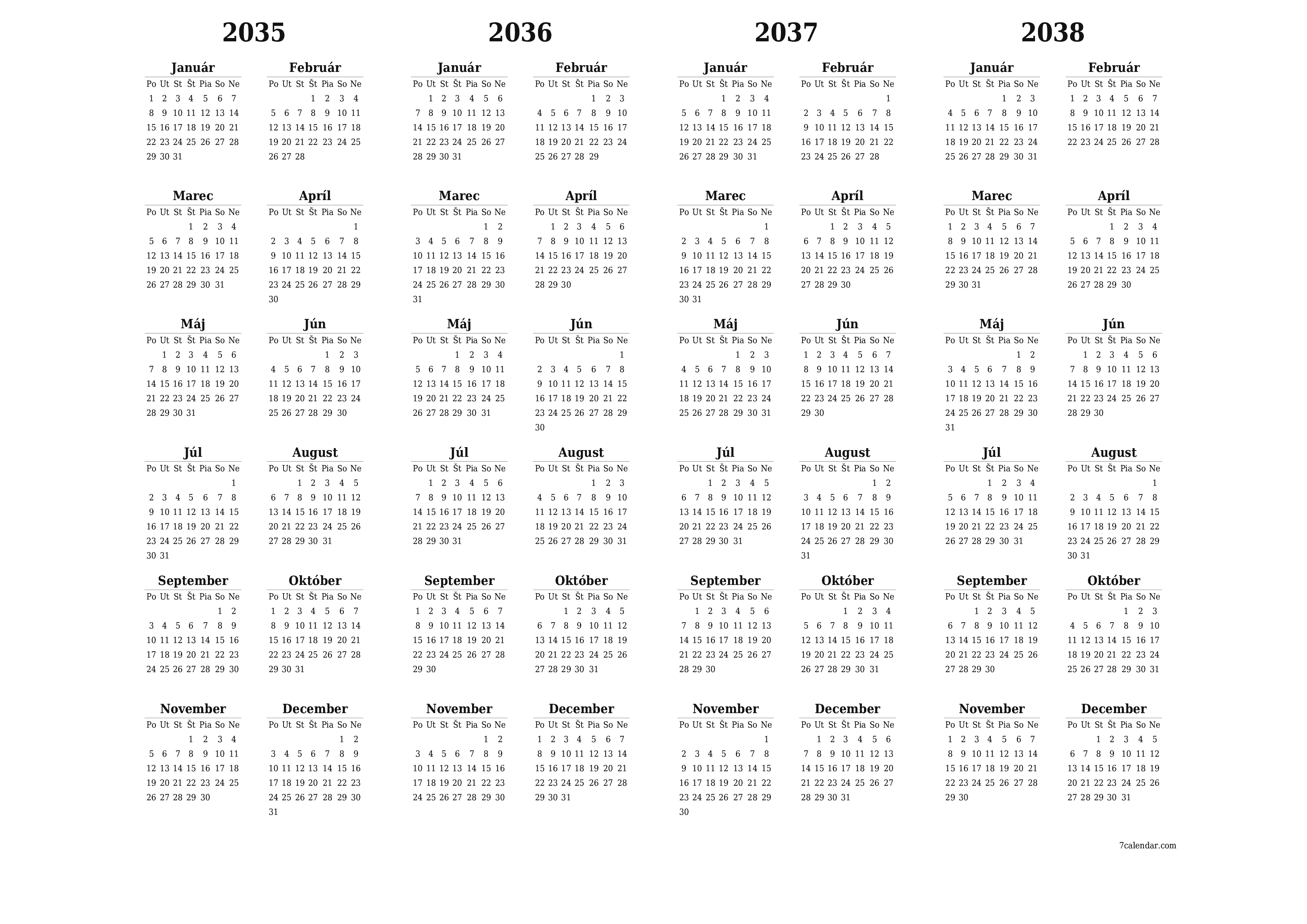 Prázdny ročný kalendár plánovača na rok 2035, 2036, 2037, 2038 s poznámkami, uložením a tlačou do formátu PDF PNG Slovak