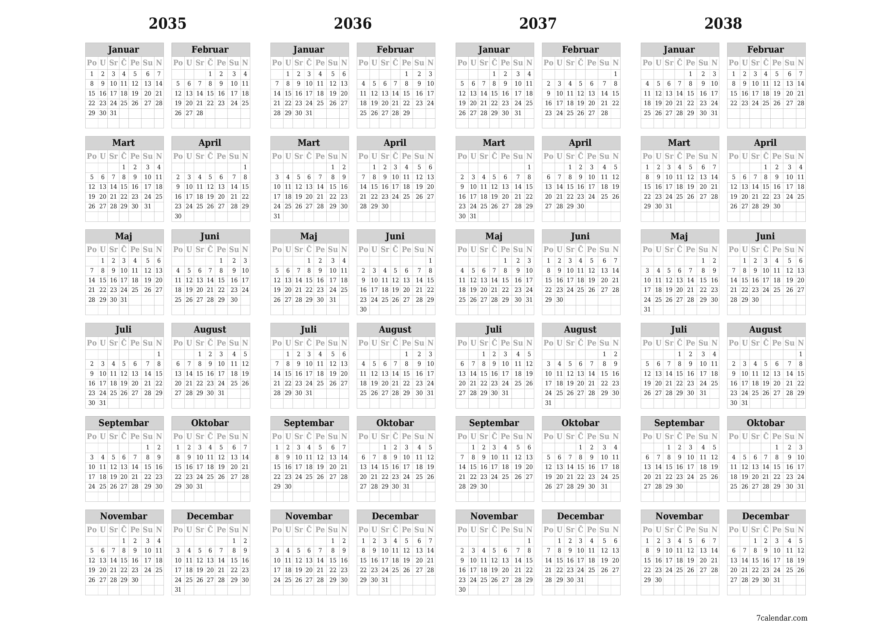 Ispraznite godišnji kalendar planera za godinu 2035, 2036, 2037, 2038 s bilješkama, spremite i ispišite u PDF PNG Bosnian