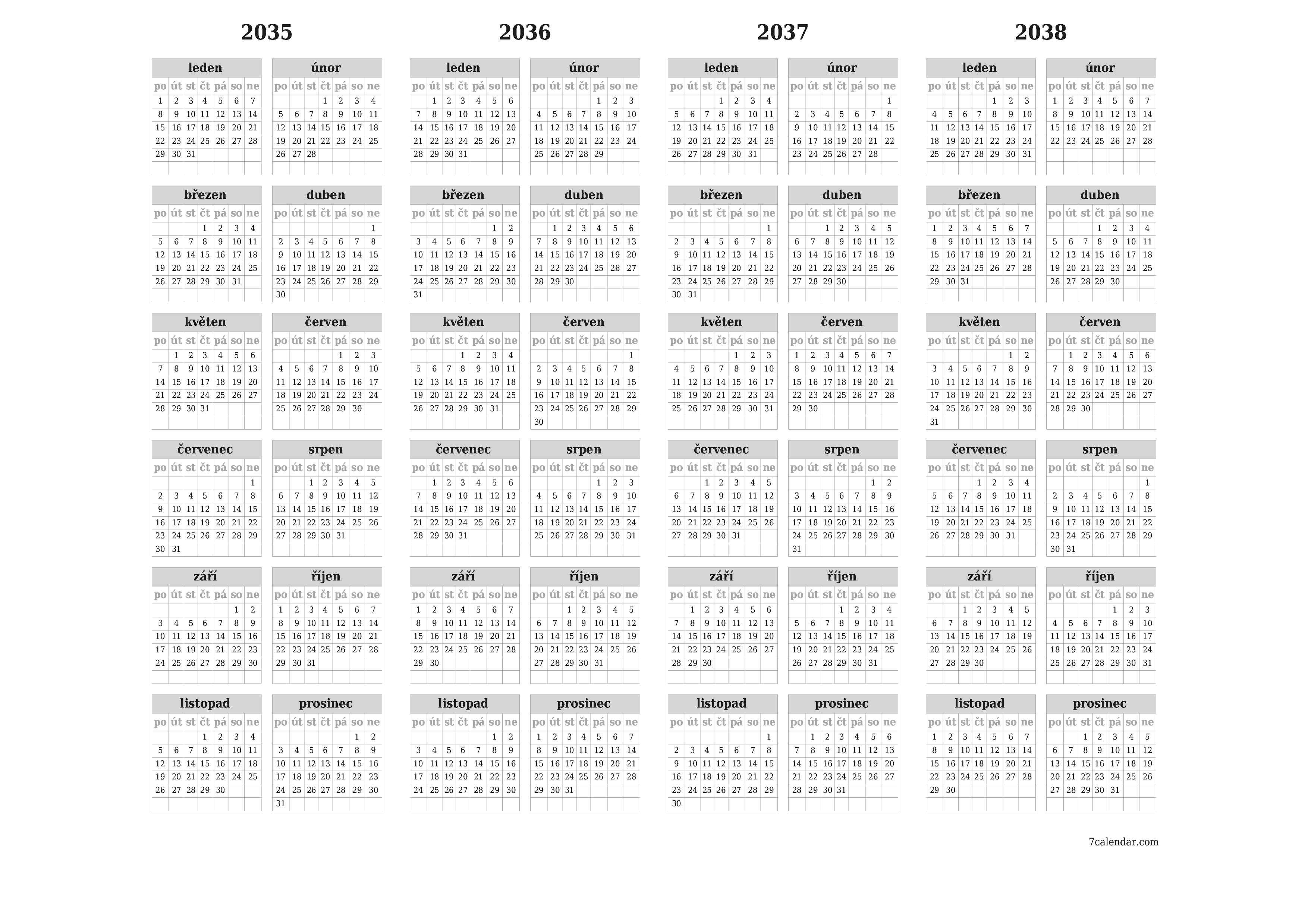 Prázdný roční kalendář plánovače pro rok 2035, 2036, 2037, 2038 s poznámkami, uložením a tiskem do PDF PNG Czech