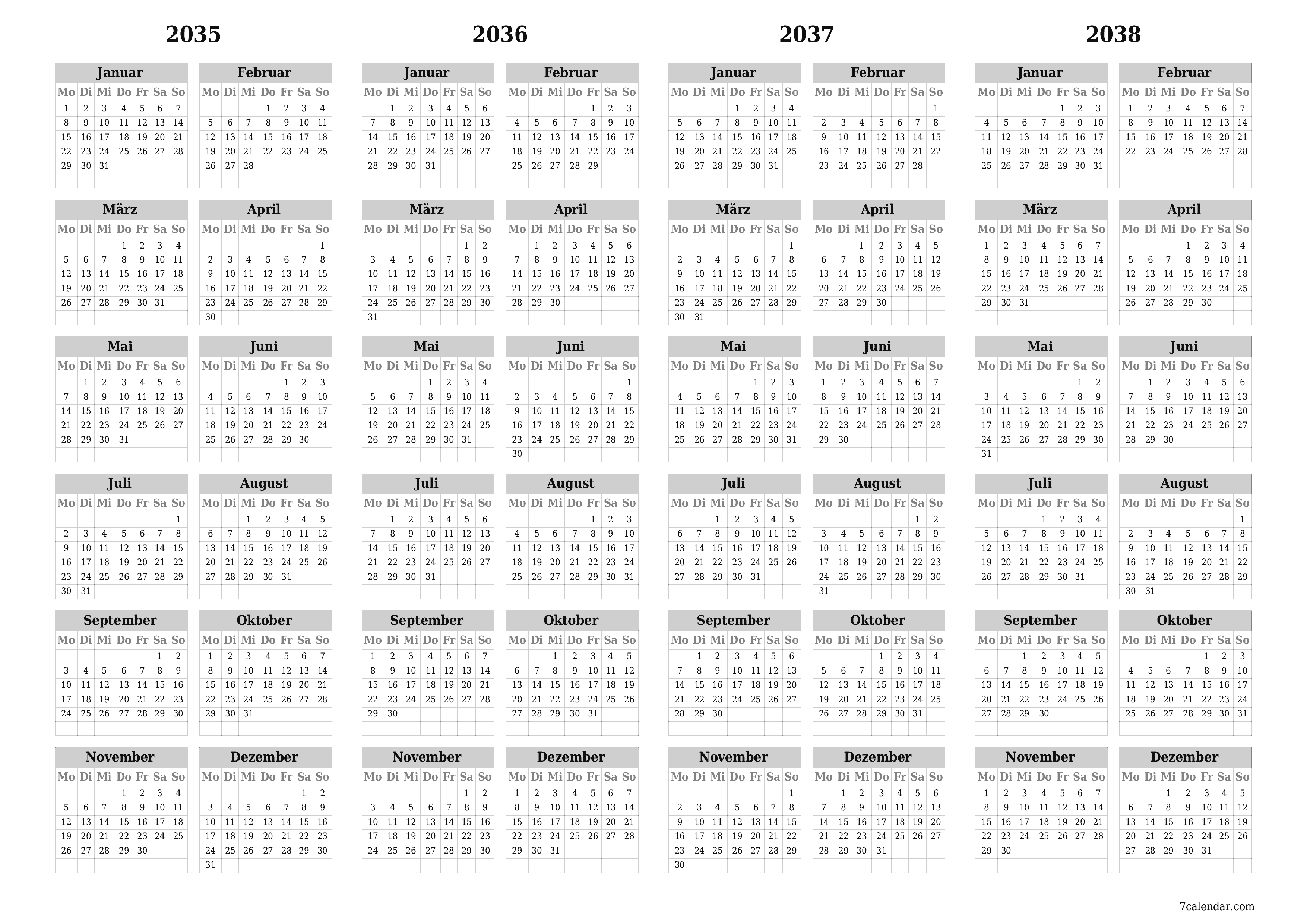 Jahresplanerkalender für das Jahr 2035, 2036, 2037, 2038 mit Notizen leeren, speichern und als PDF PNG German - 7calendar.com drucken