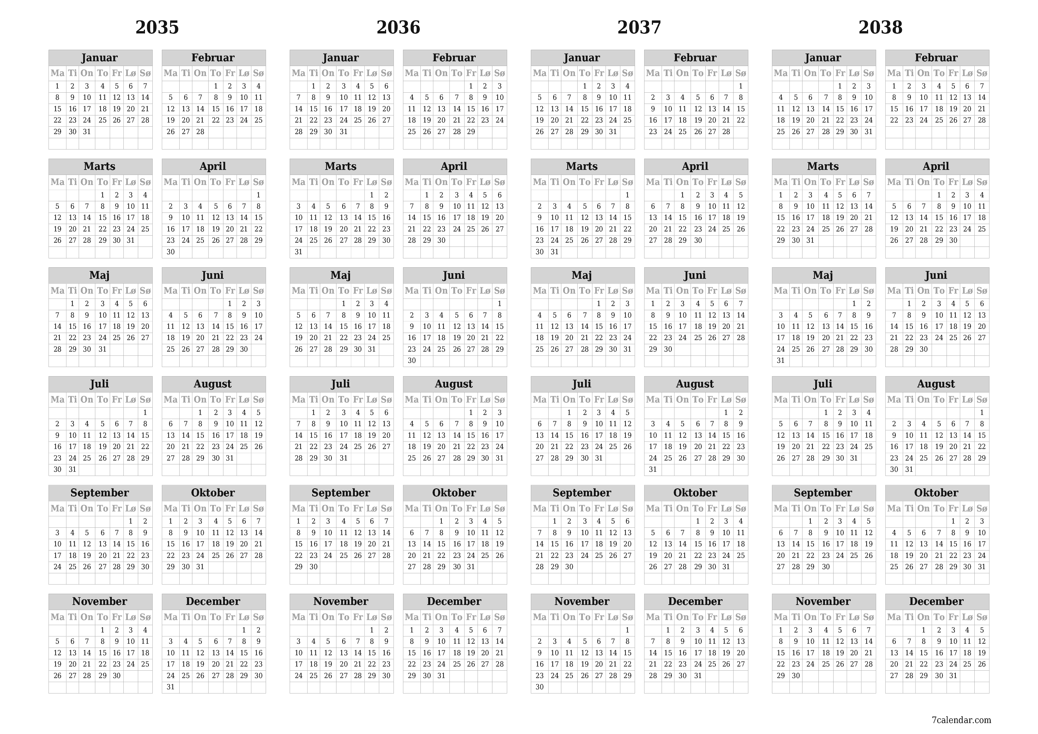 Tom årlig planlægningskalender for året 2035, 2036, 2037, 2038 med noter, gem og udskriv til PDF PNG Danish