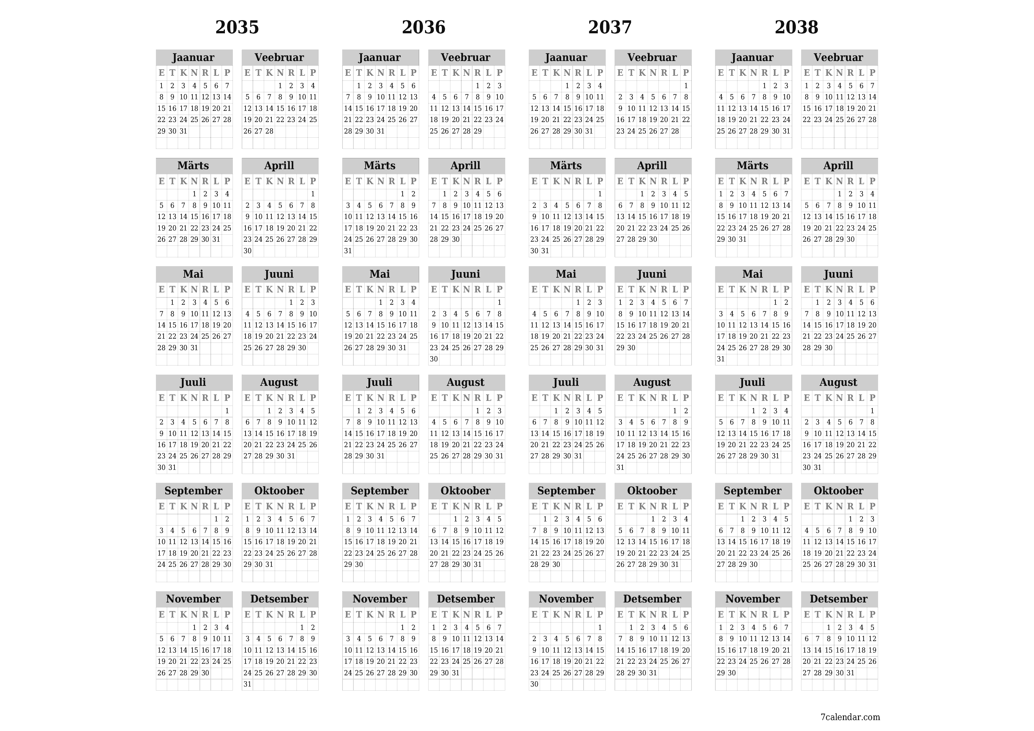 Tühi aasta planeerija kalender aastaks 2035, 2036, 2037, 2038 koos märkmetega, salvestage ja printige PDF-i PNG Estonian