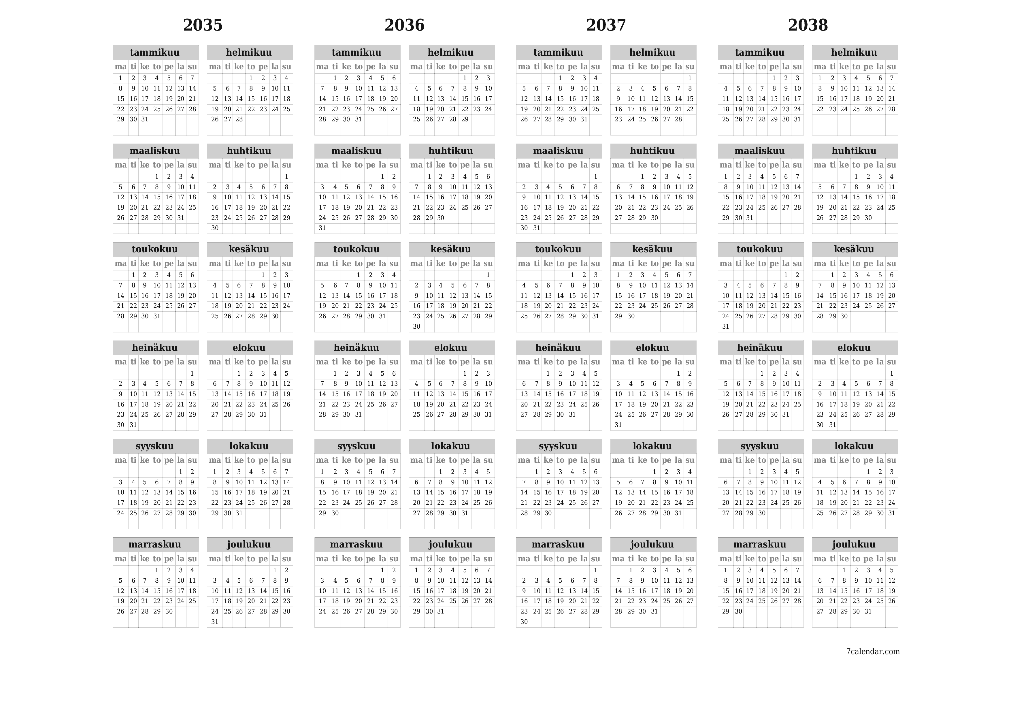 Tyhjä vuosisuunnittelukalenteri vuodelle 2035, 2036, 2037, 2038 muistiinpanoilla, tallenna ja tulosta PDF-muotoon PNG Finnish