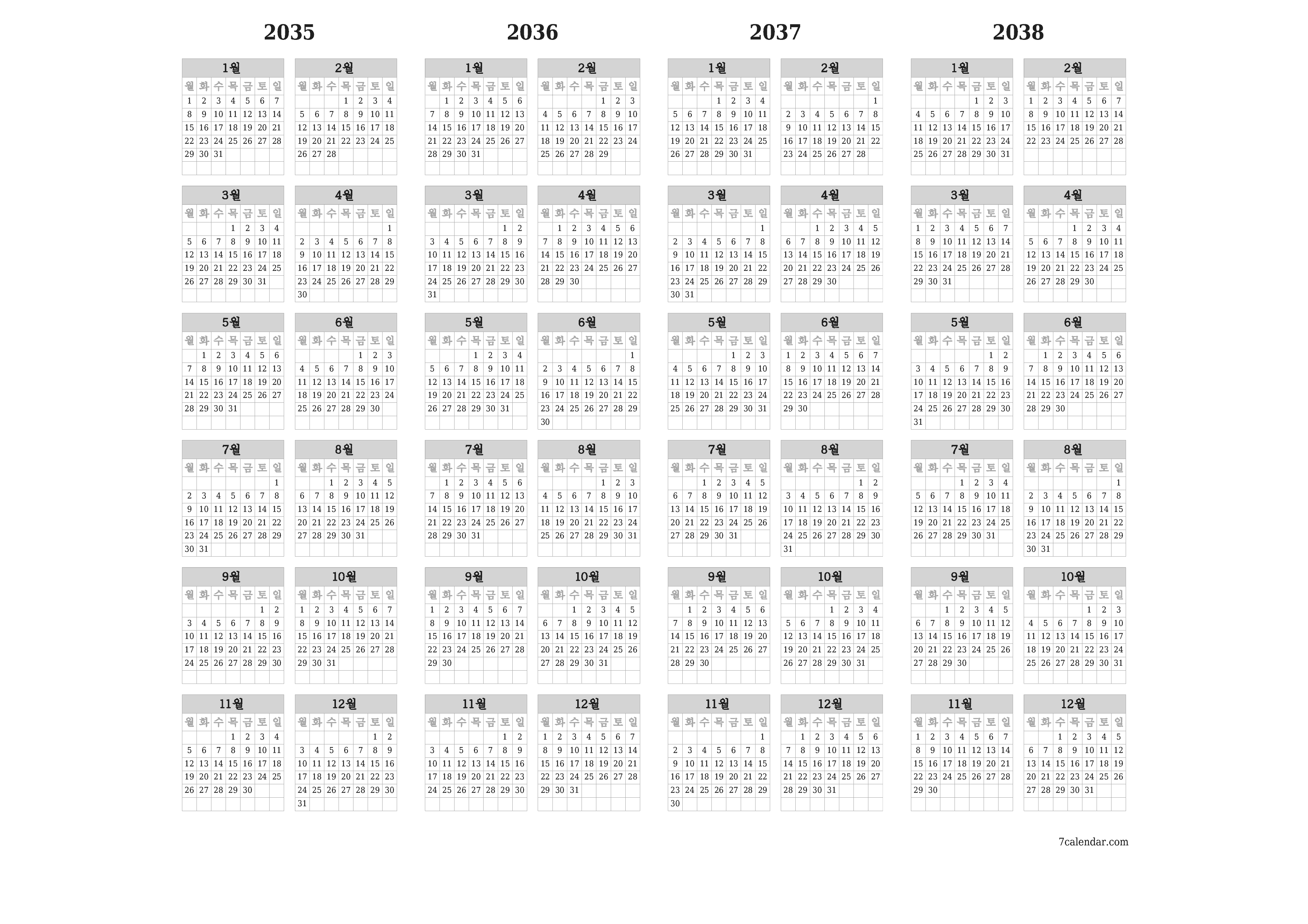 메모가있는 2035, 2036, 2037, 2038 년의 연간 플래너 캘린더 비우기, 저장하고 PDF PNG Korean-7calendar.com으로 인쇄