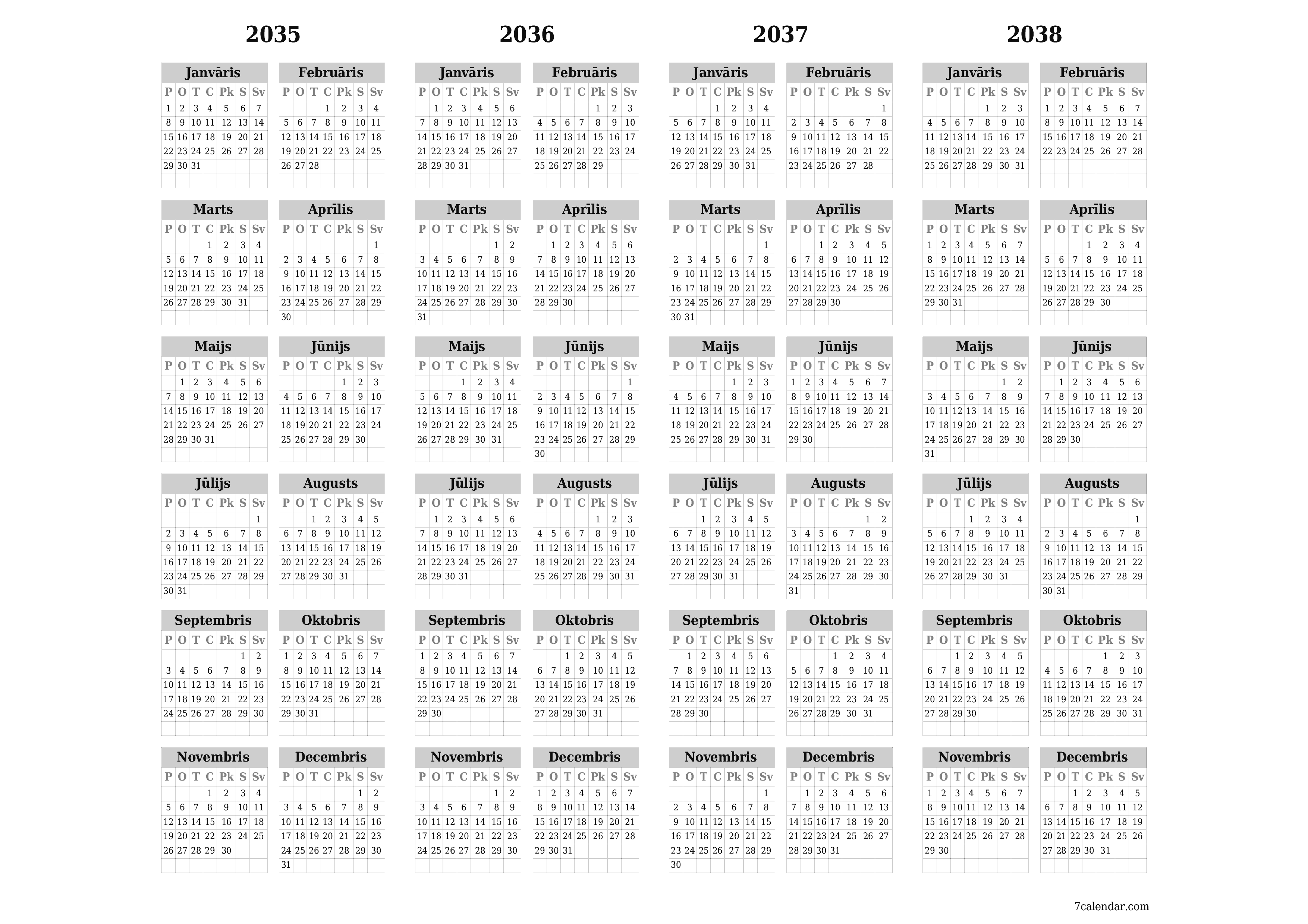 Tukšs gada plānotāja kalendārs gadam 2035, 2036, 2037, 2038 ar piezīmēm, saglabāšana un izdrukāšana PDF formātā PNG Latvian
