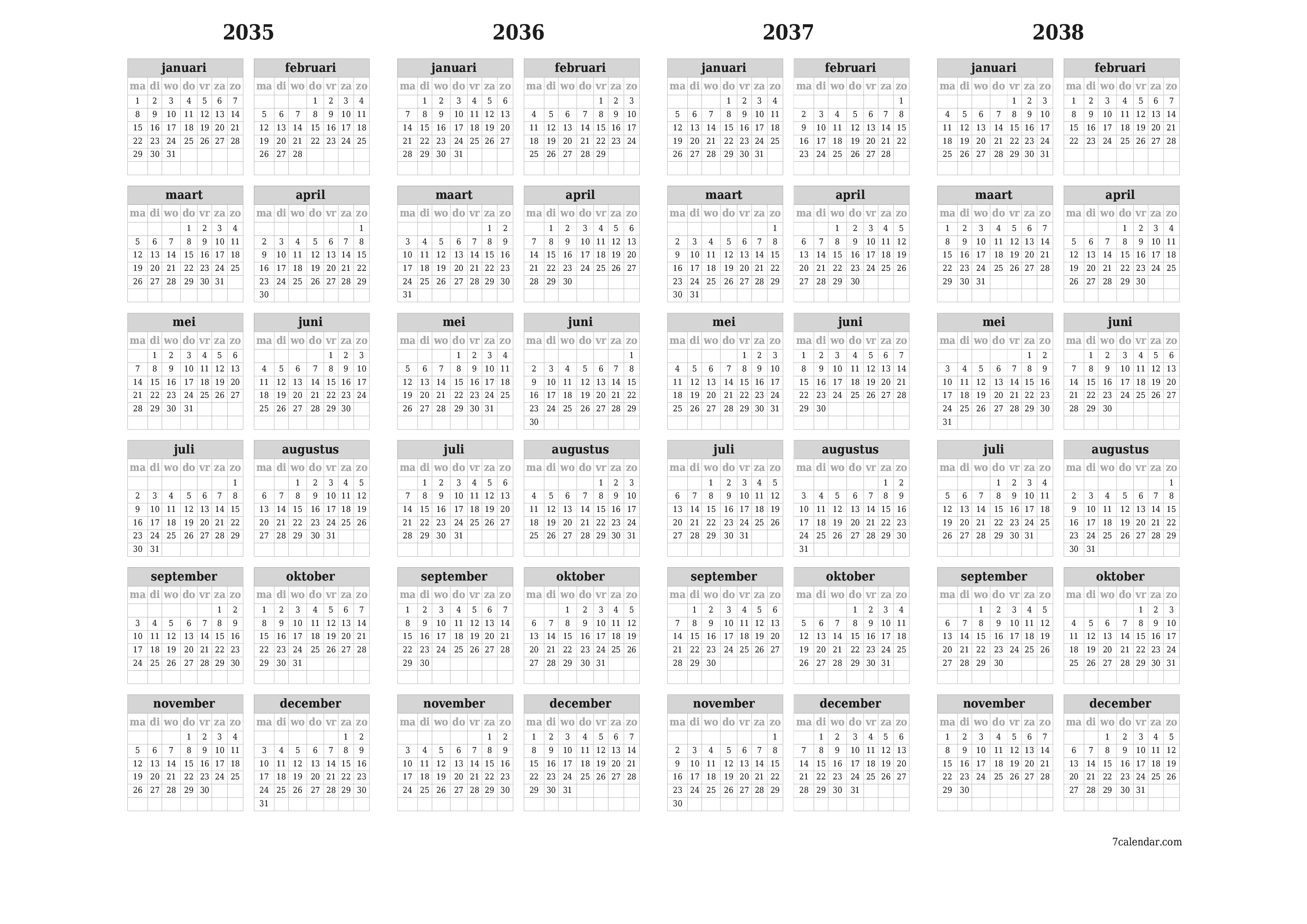 Lege jaarplanningskalender voor het jaar 2035, 2036, 2037, 2038 met notities, opslaan en afdrukken naar pdf PNG Dutch