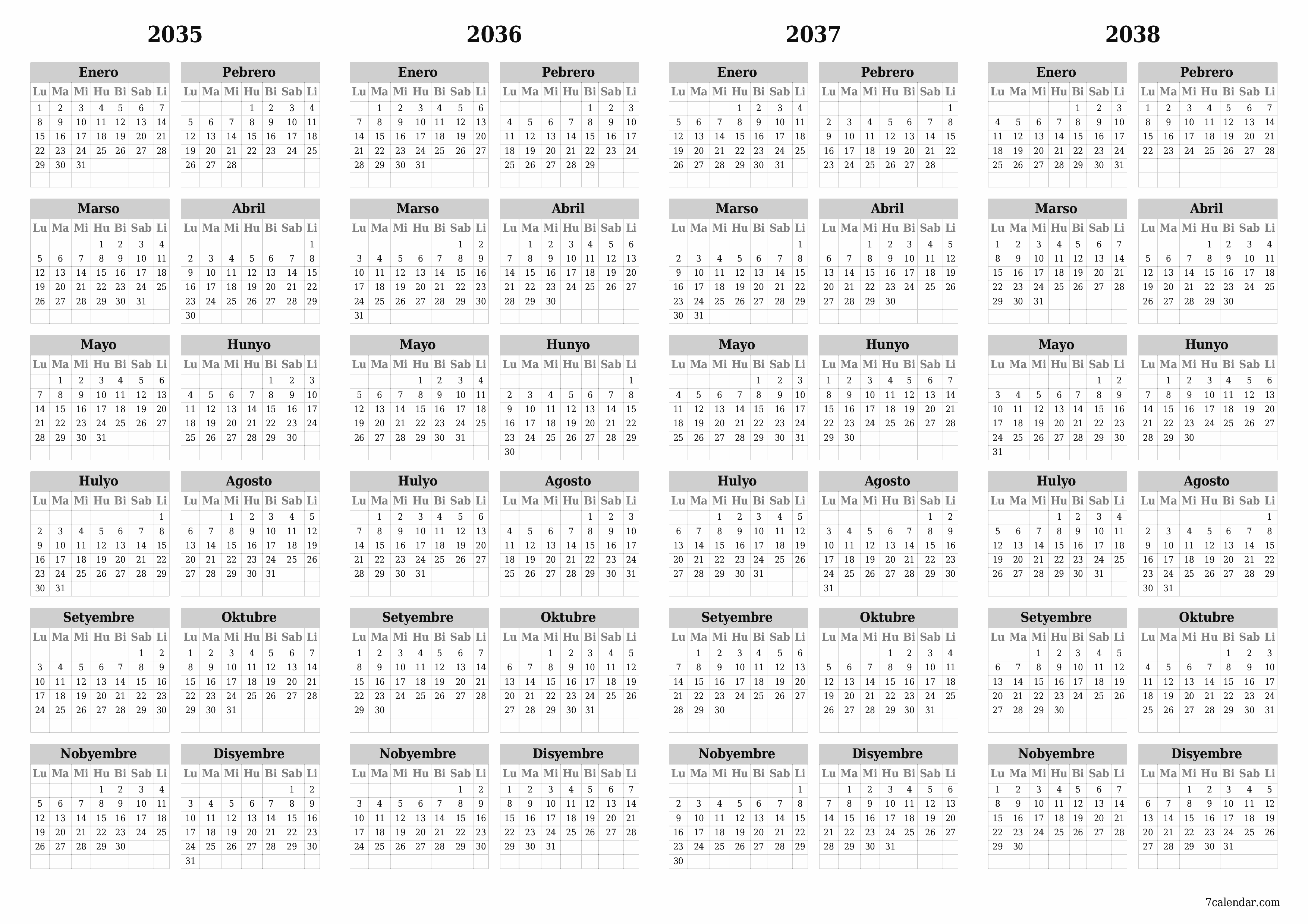 Walang laman ang taunang kalendaryo ng tagaplano para sa taong 2035, 2036, 2037, 2038 na may mga tala, i-save at i-print sa PDF PNG Filipino