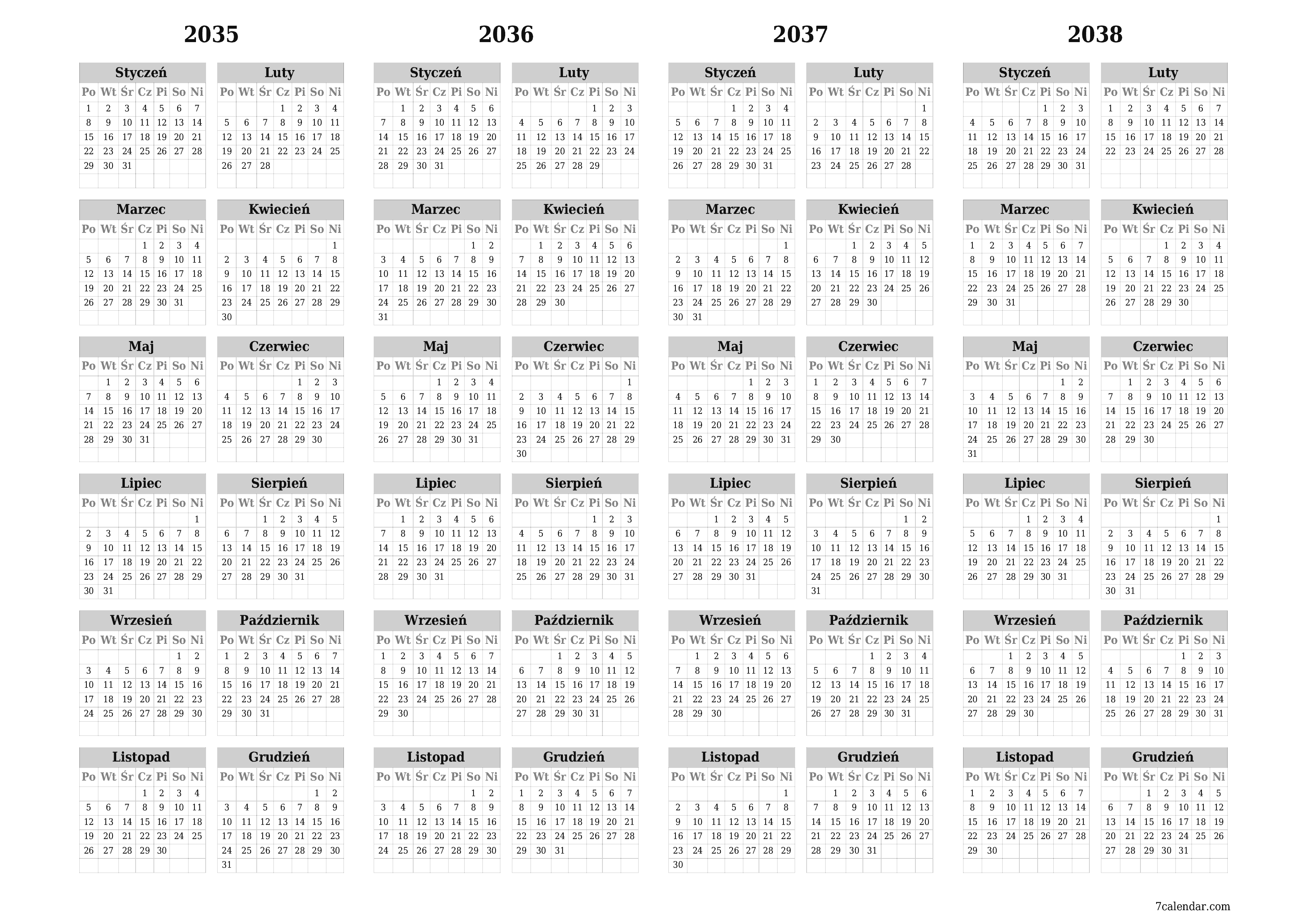 Opróżnij kalendarz rocznego planowania na rok 2035, 2036, 2037, 2038 z notatkami, zapisz i wydrukuj w formacie PDF PNG Polish