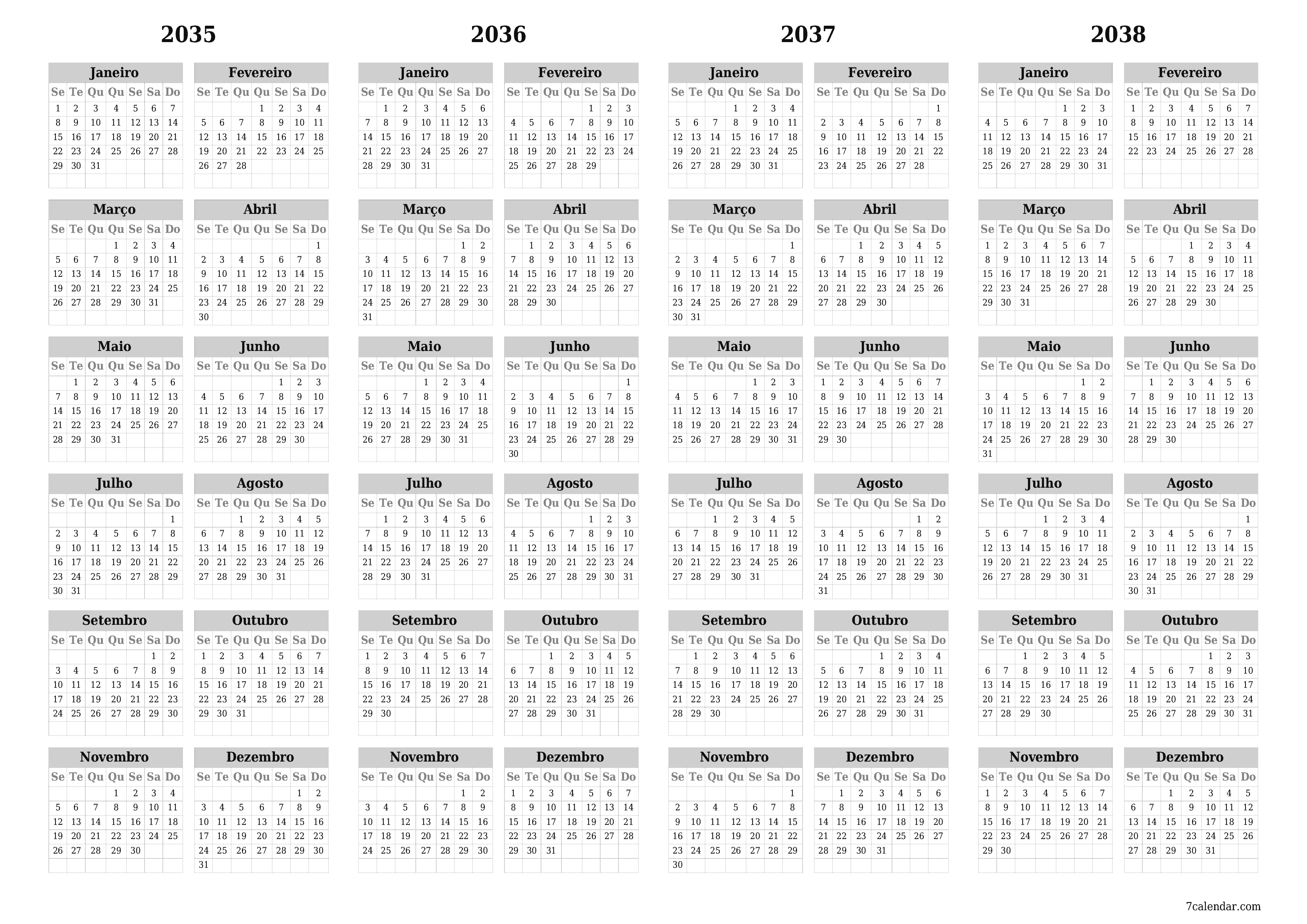 Calendário de planejador anual vazio para o ano 2035, 2036, 2037, 2038 com notas, salve e imprima em PDF PNG Portuguese