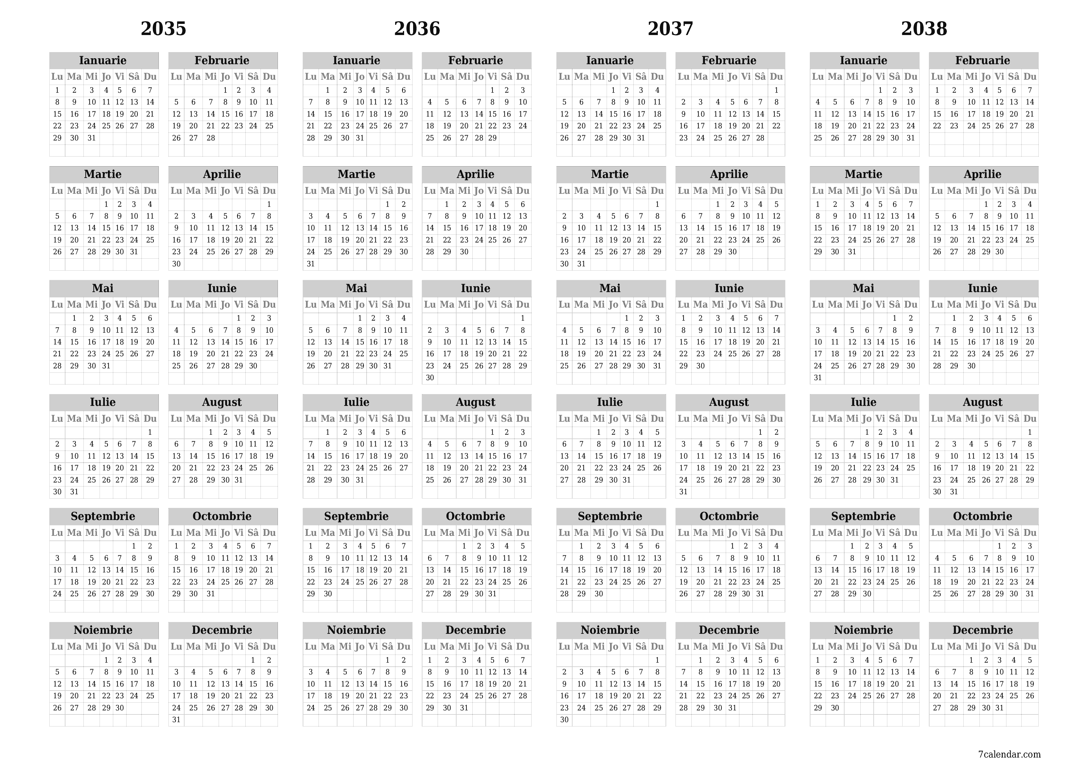 Goliți calendarul anual al planificatorului pentru anul 2035, 2036, 2037, 2038 cu note, salvați și tipăriți în PDF PNG Romanian