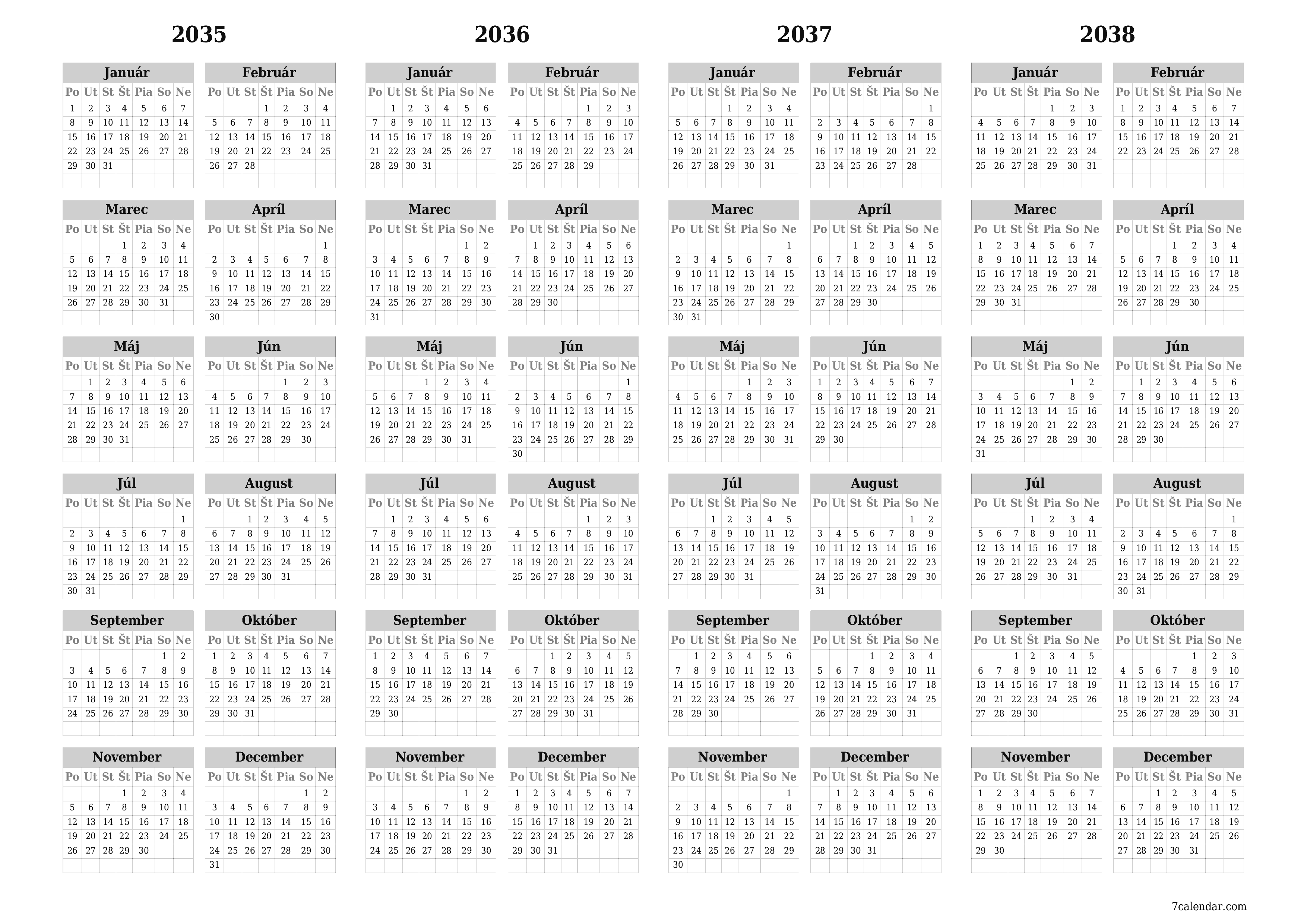 Prázdny ročný kalendár plánovača na rok 2035, 2036, 2037, 2038 s poznámkami, uložením a tlačou do formátu PDF PNG Slovak