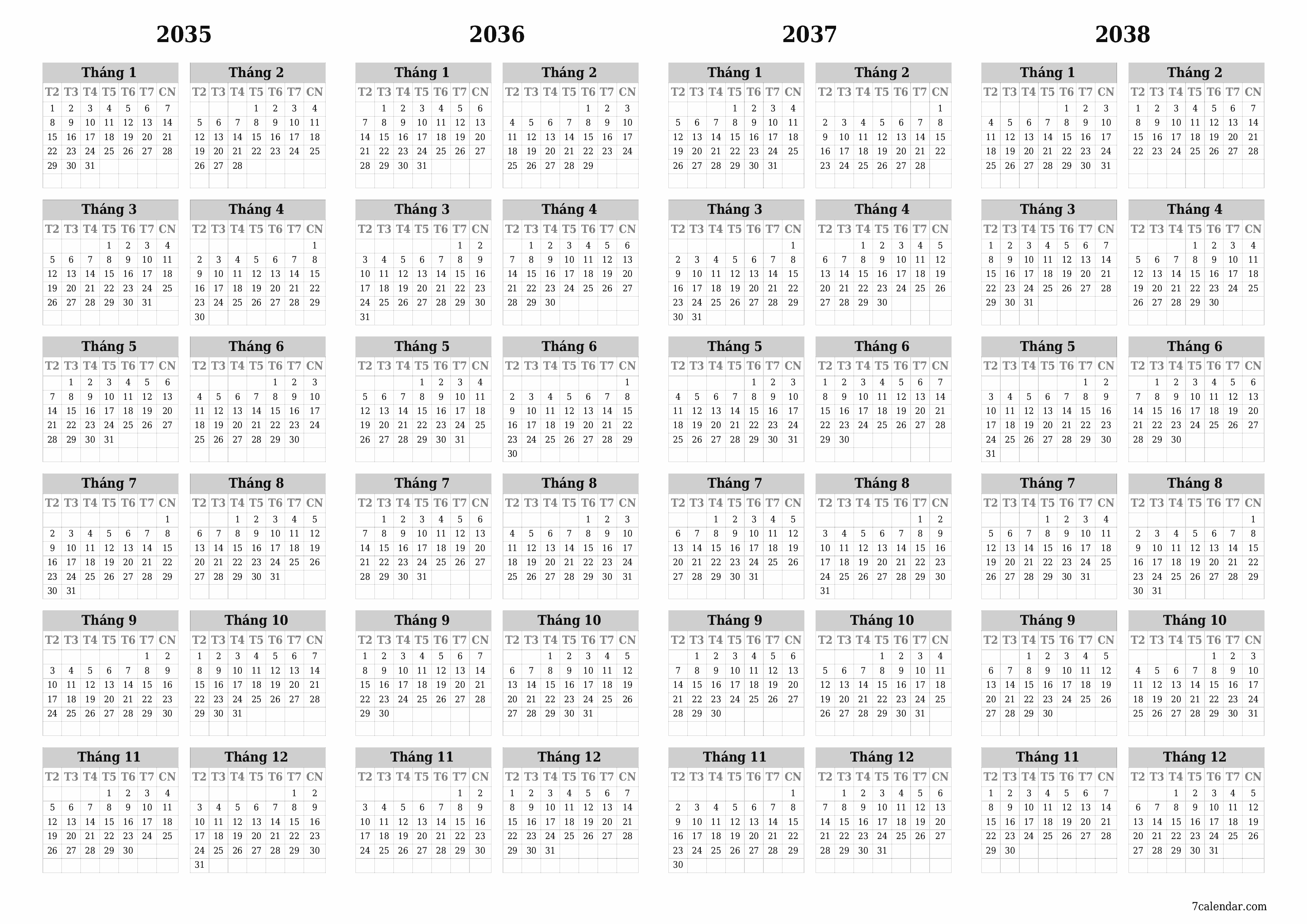 Lịch kế hoạch hàng năm trống cho năm 2035, 2036, 2037, 2038 có ghi chú, lưu và in sang PDF PNG Vietnamese