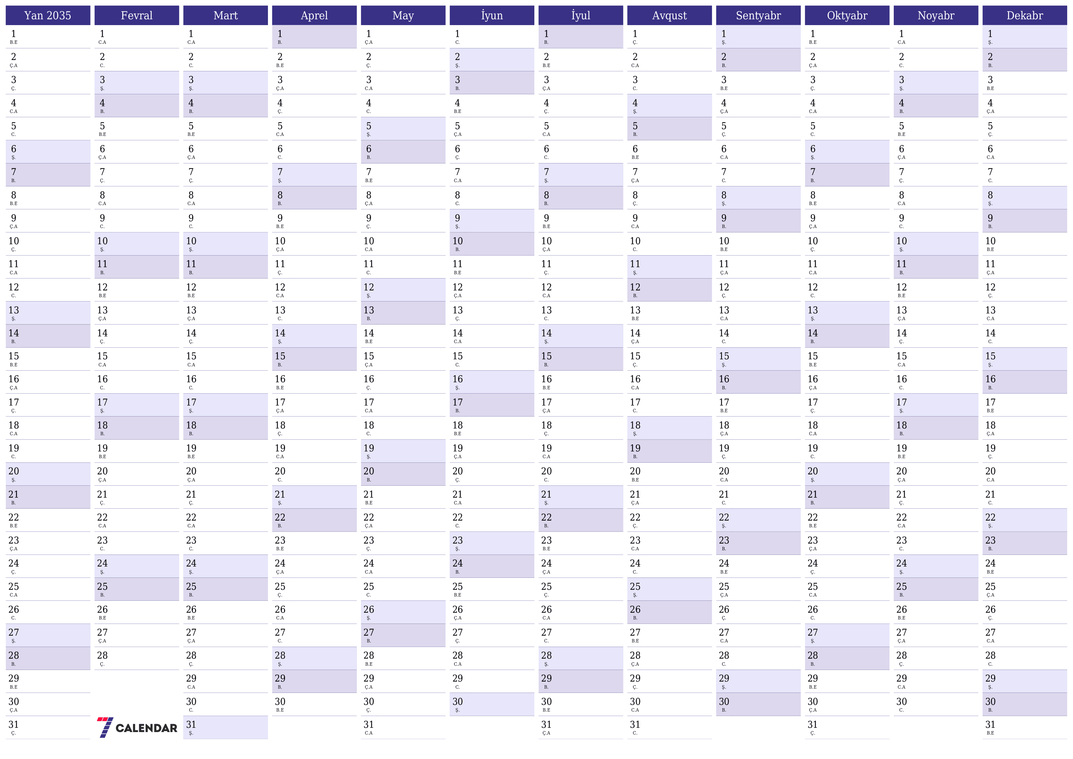 2035 ili üçün illik illik planlayıcı təqvim, qeydlər ilə boş saxlayın, qeyd edin və PDF-ə yazdırın PNG Azerbaijani