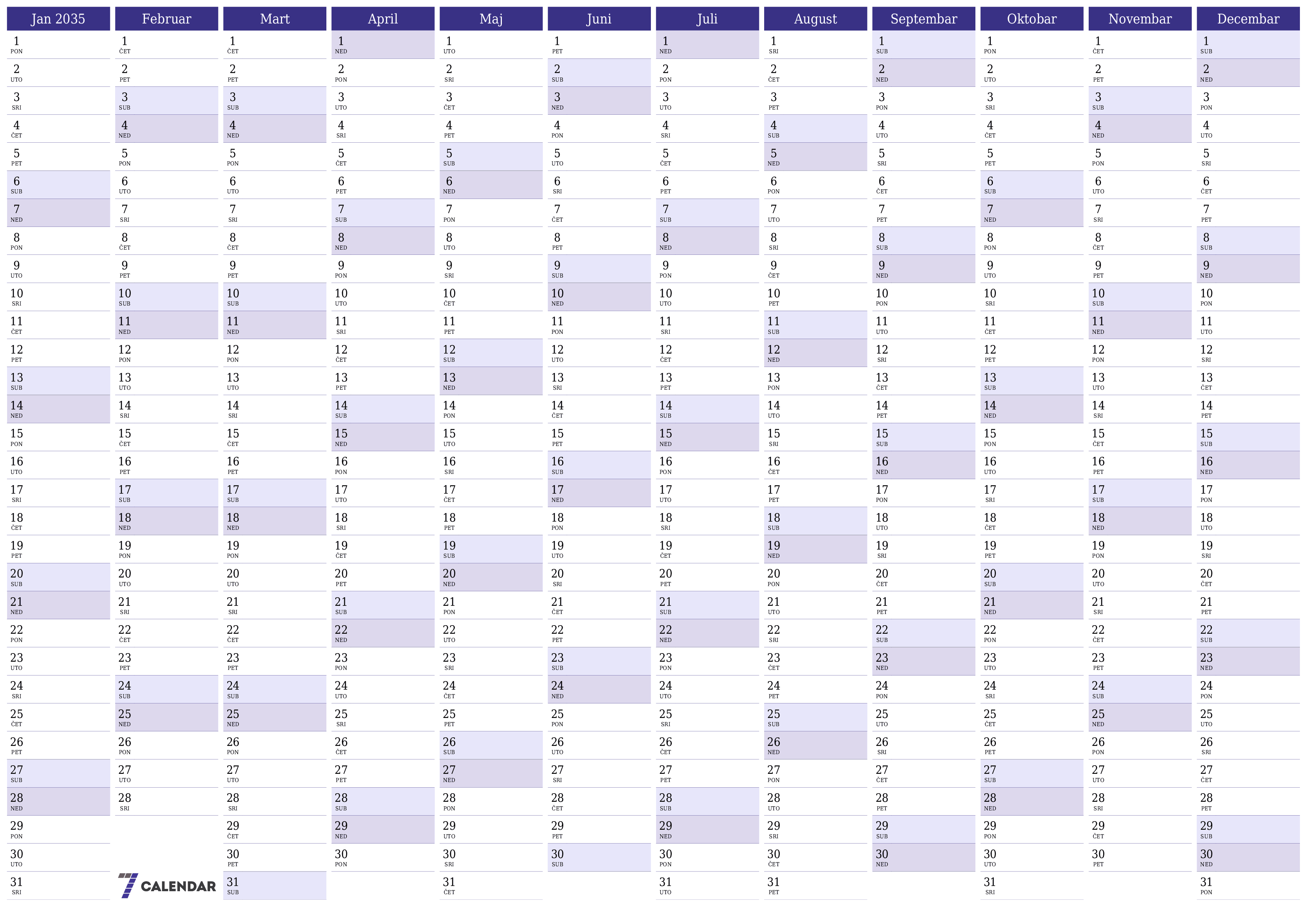 Ispraznite godišnji kalendar planera za godinu 2035 s bilješkama, spremite i ispišite u PDF PNG Bosnian