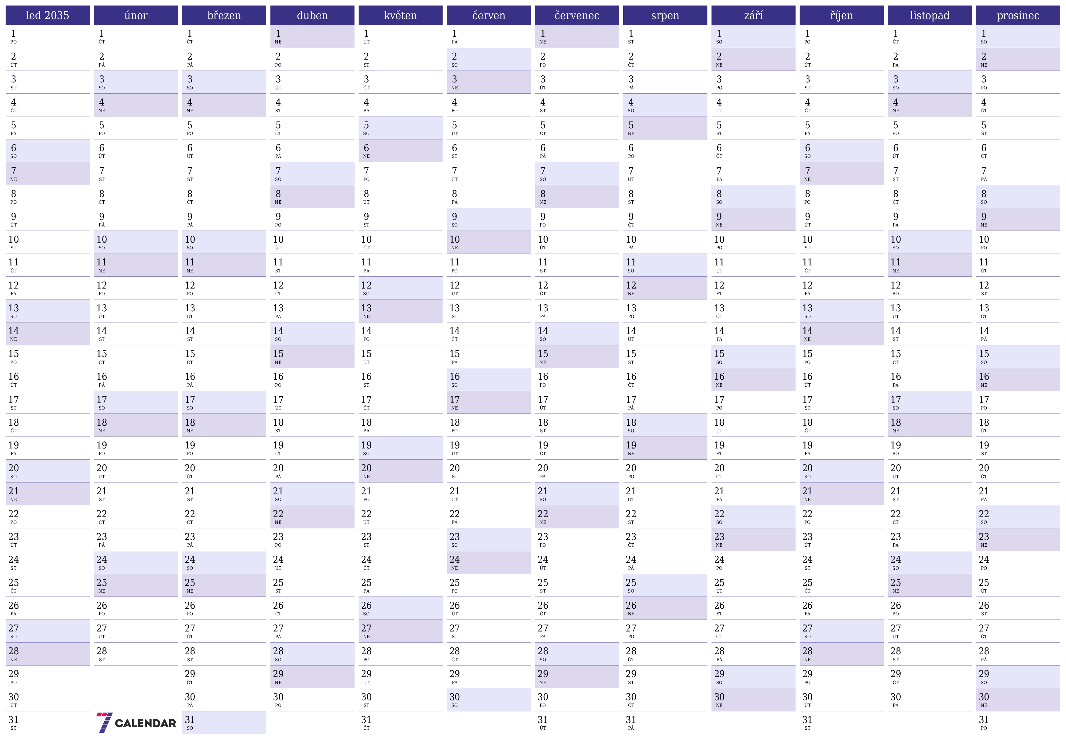 Prázdný roční kalendář plánovače pro rok 2035 s poznámkami, uložením a tiskem do PDF PNG Czech