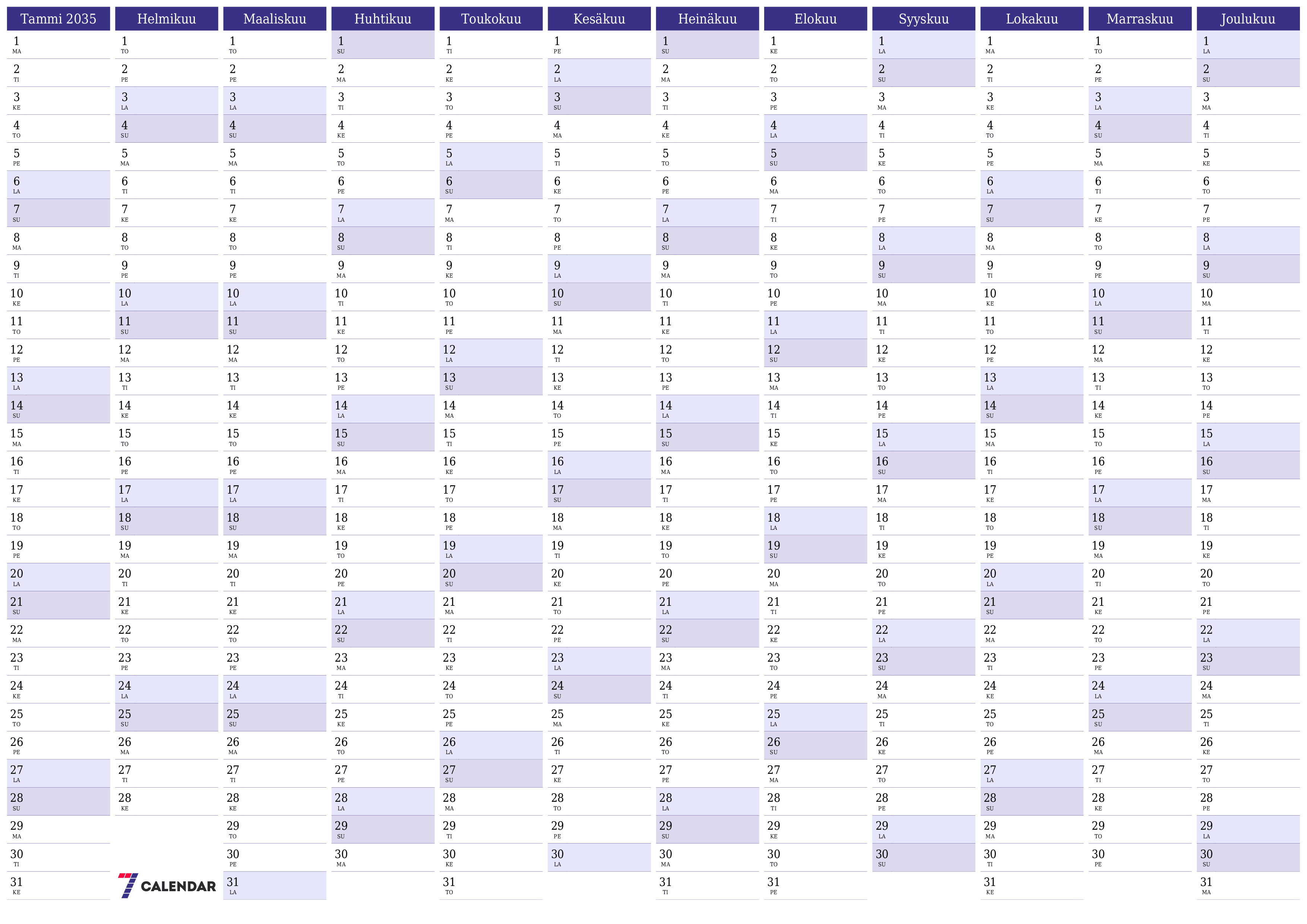 Tyhjä vuosisuunnittelukalenteri vuodelle 2035 muistiinpanoilla, tallenna ja tulosta PDF-muotoon PNG Finnish