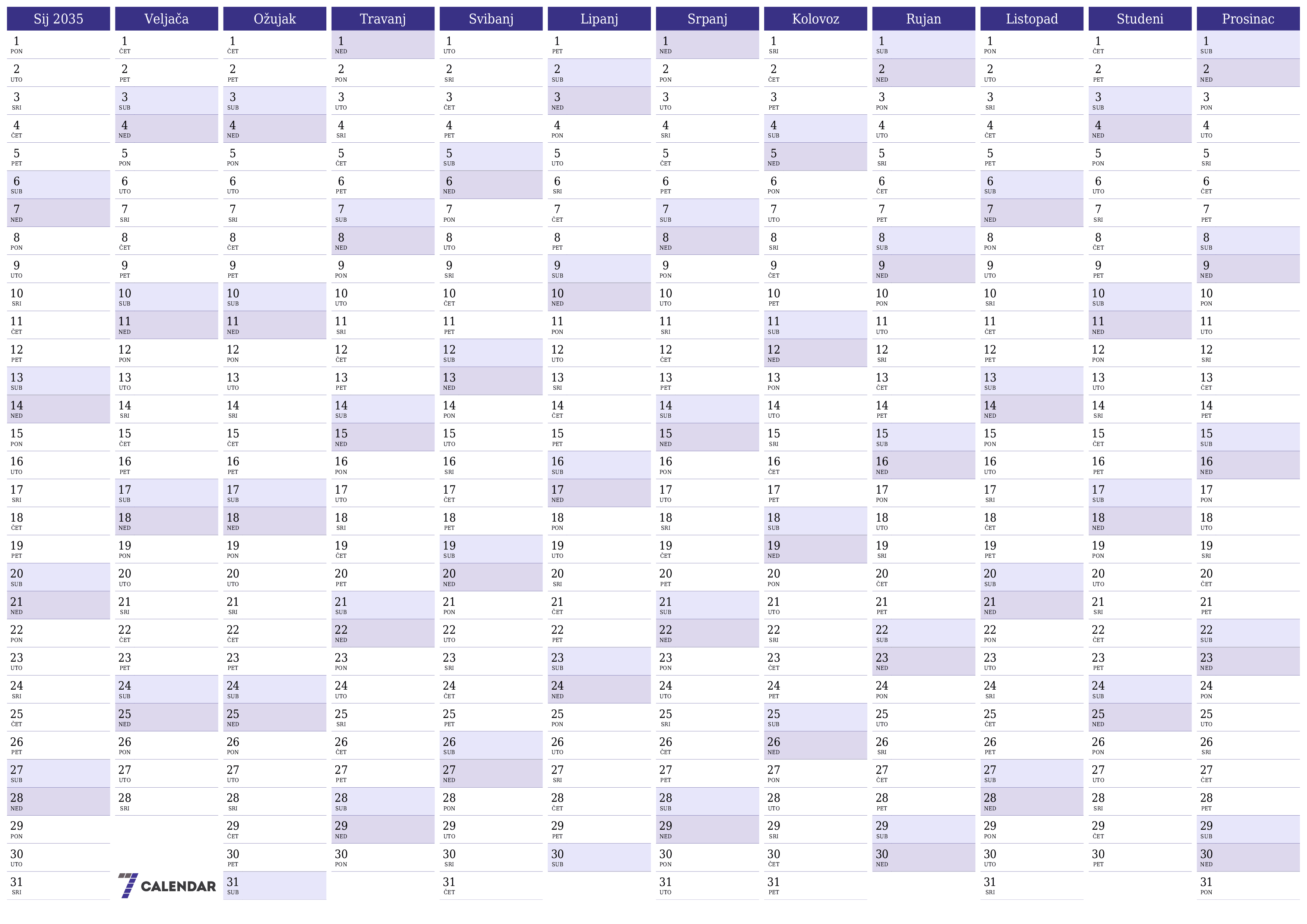 Ispraznite godišnji kalendar planera za godinu 2035 s bilješkama, spremite i ispišite u PDF PNG Croatian