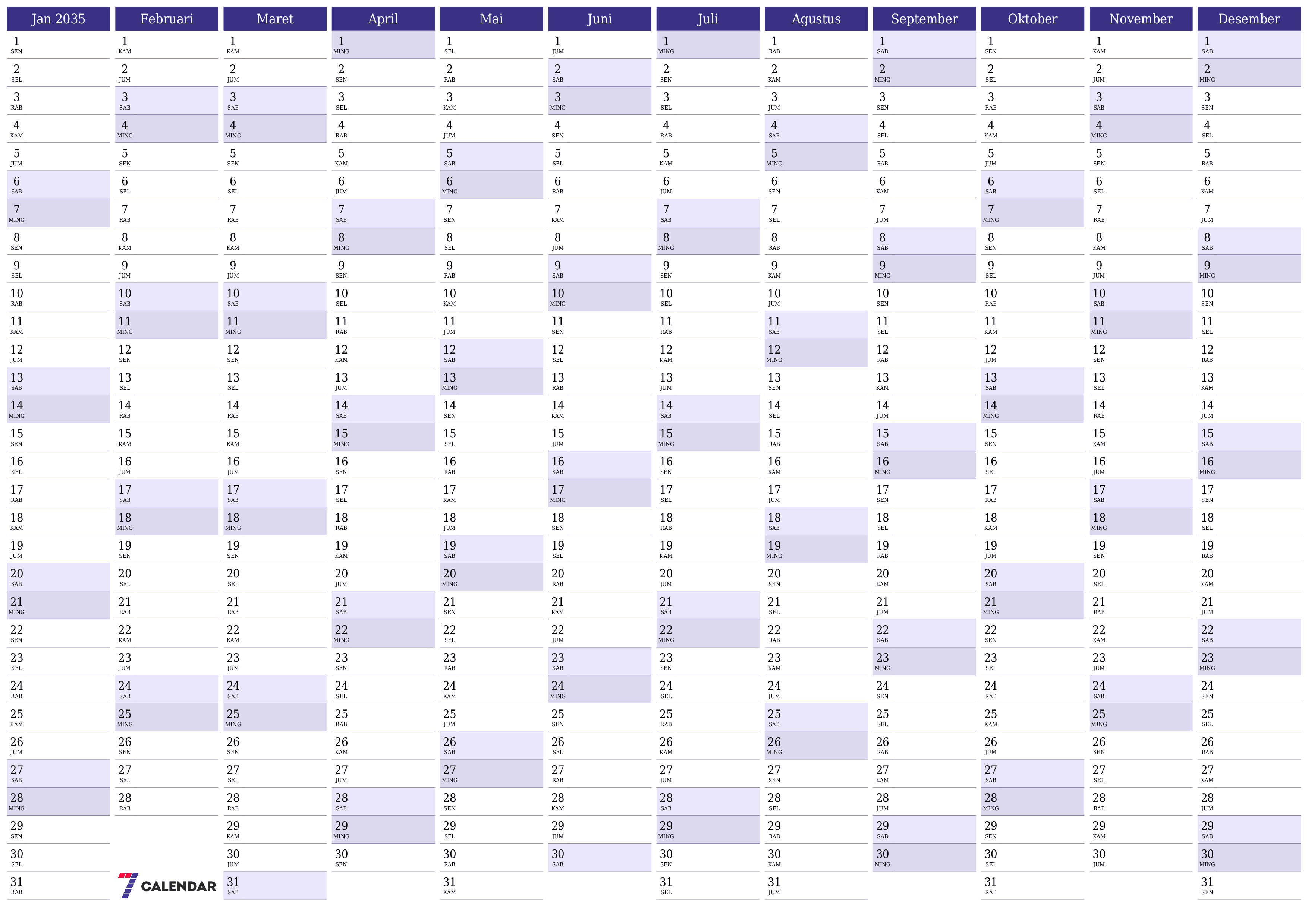 Kosongkan kalender perencana tahunan untuk tahun ini 2035 dengan catatan, simpan dan cetak ke PDF PNG Indonesian