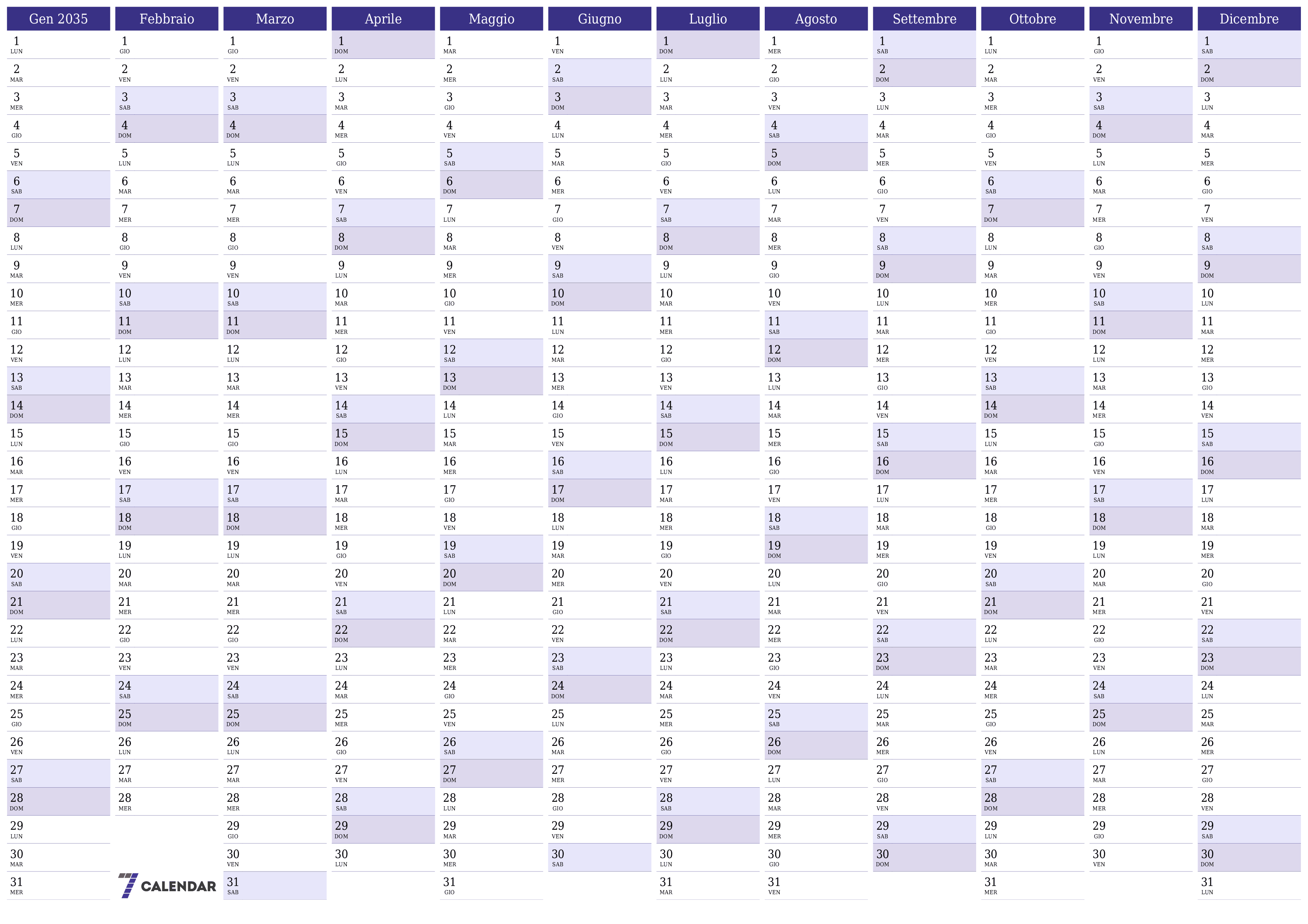 Calendario pianificatore annuale vuoto per l'anno 2035 con note, salva e stampa in PDF PNG Italian