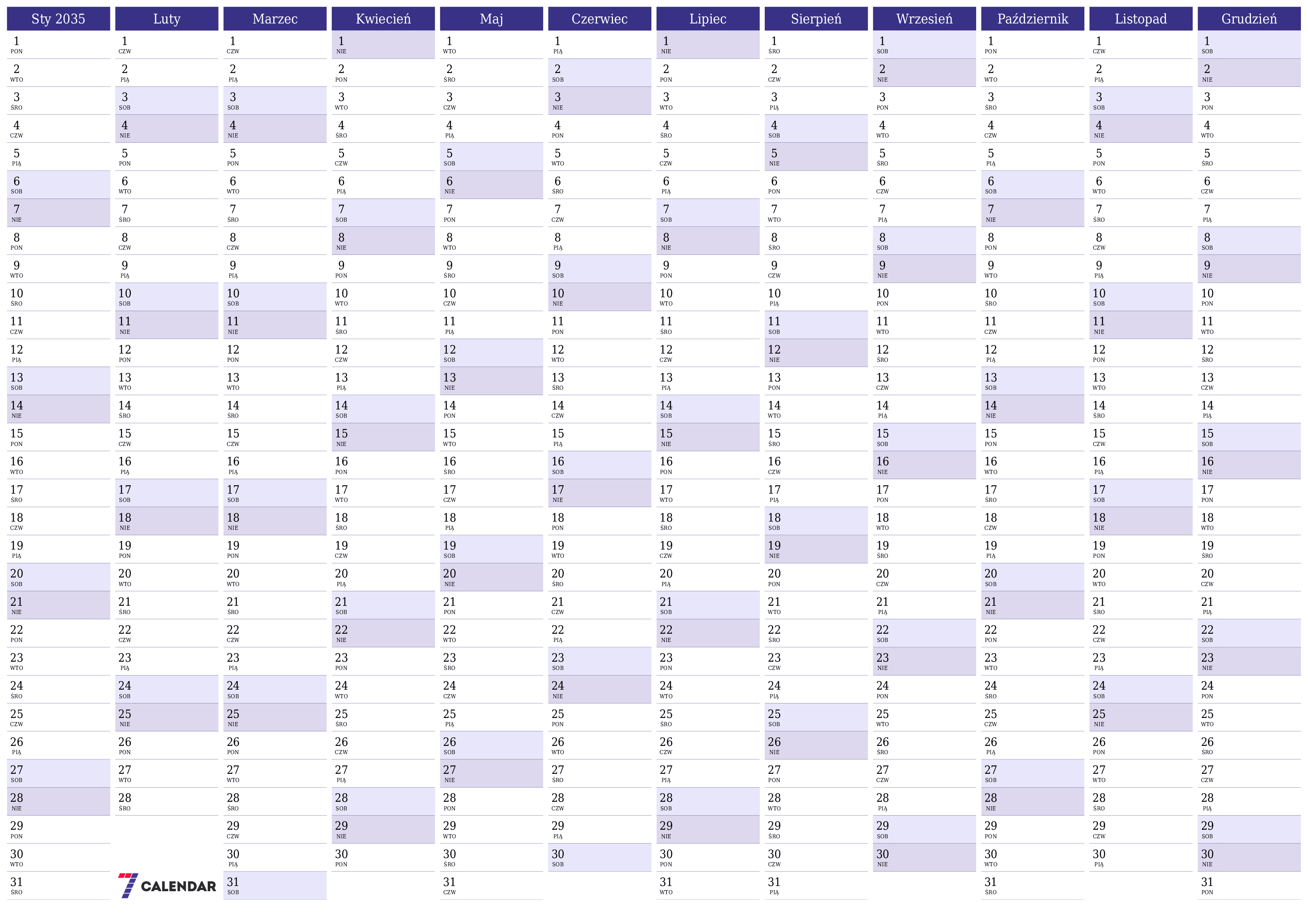 Opróżnij kalendarz rocznego planowania na rok 2035 z notatkami, zapisz i wydrukuj w formacie PDF PNG Polish