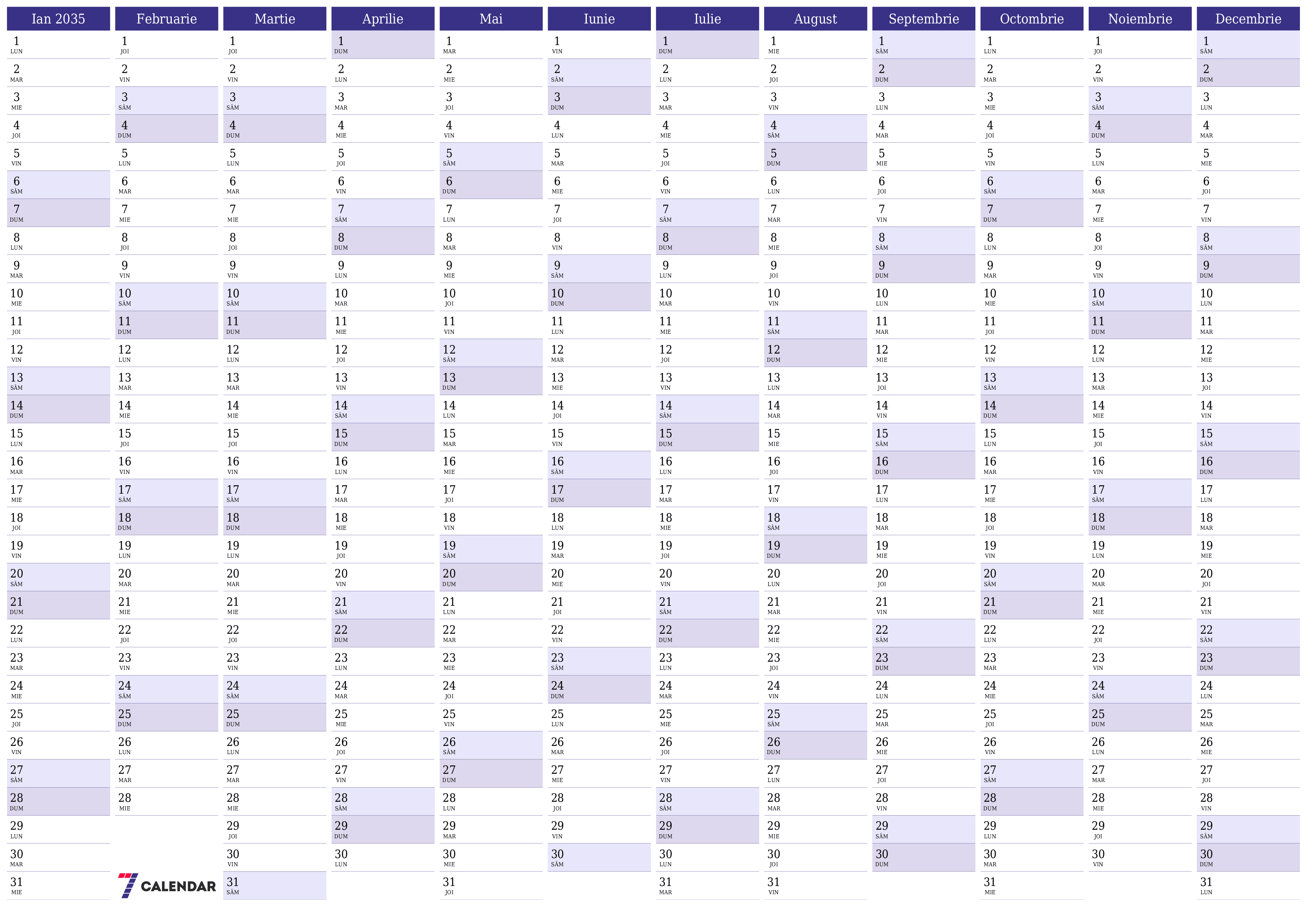 Goliți calendarul anual al planificatorului pentru anul 2035 cu note, salvați și tipăriți în PDF PNG Romanian