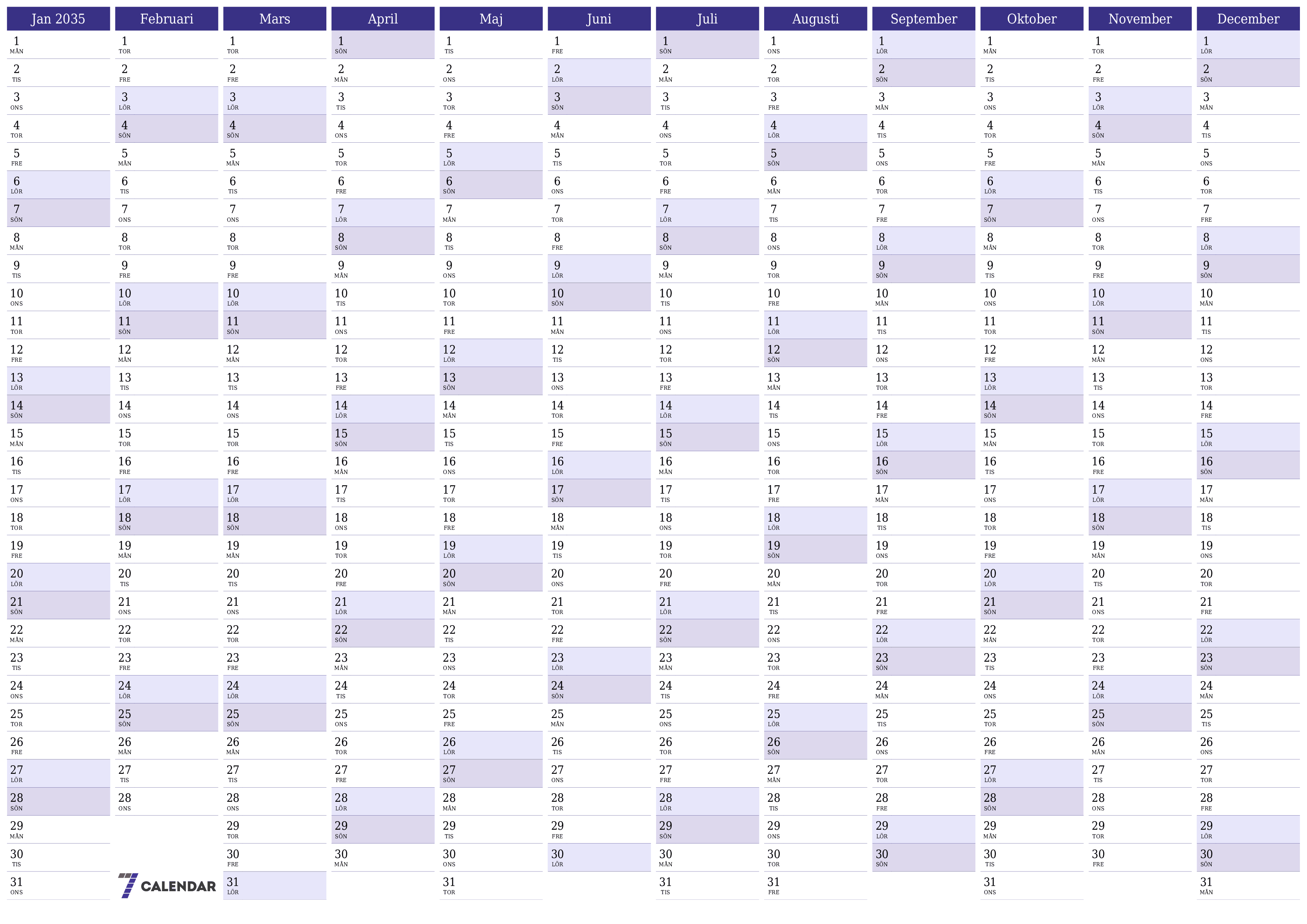 Tom årlig planeringskalender för året 2035 med anteckningar, spara och skriv ut till PDF PNG Swedish