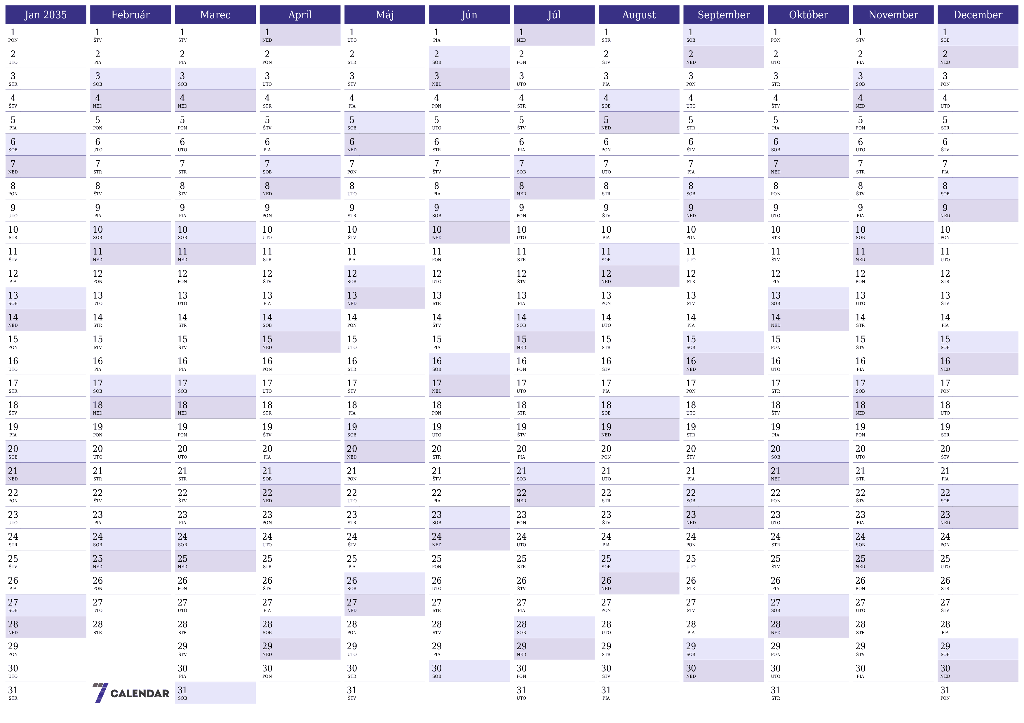 Prázdny ročný kalendár plánovača na rok 2035 s poznámkami, uložením a tlačou do formátu PDF PNG Slovak