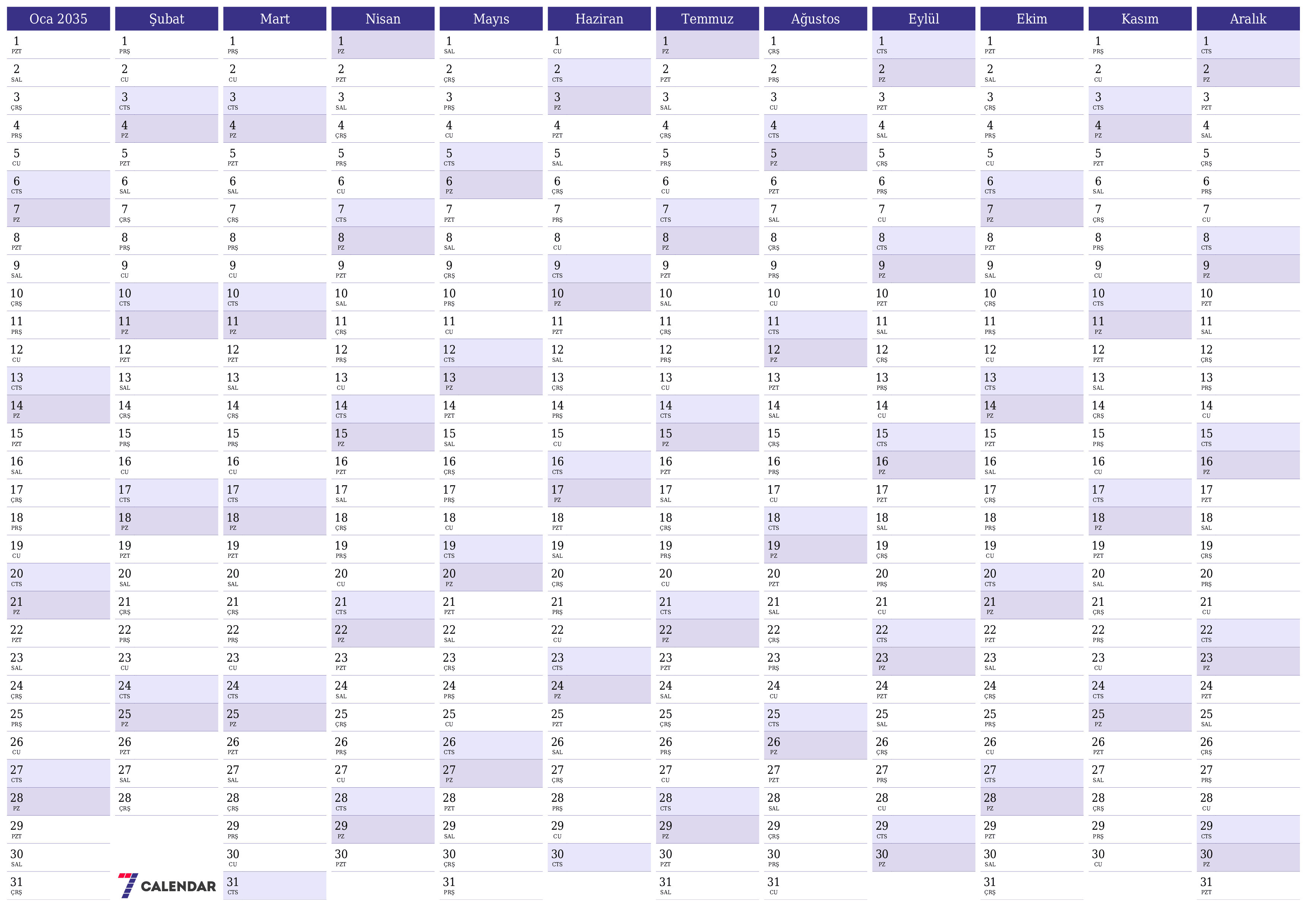 Notlarla 2035 yıl için yıllık planlayıcı takvimini boşaltın, kaydedin ve PDF olarak yazdırın PNG Turkish