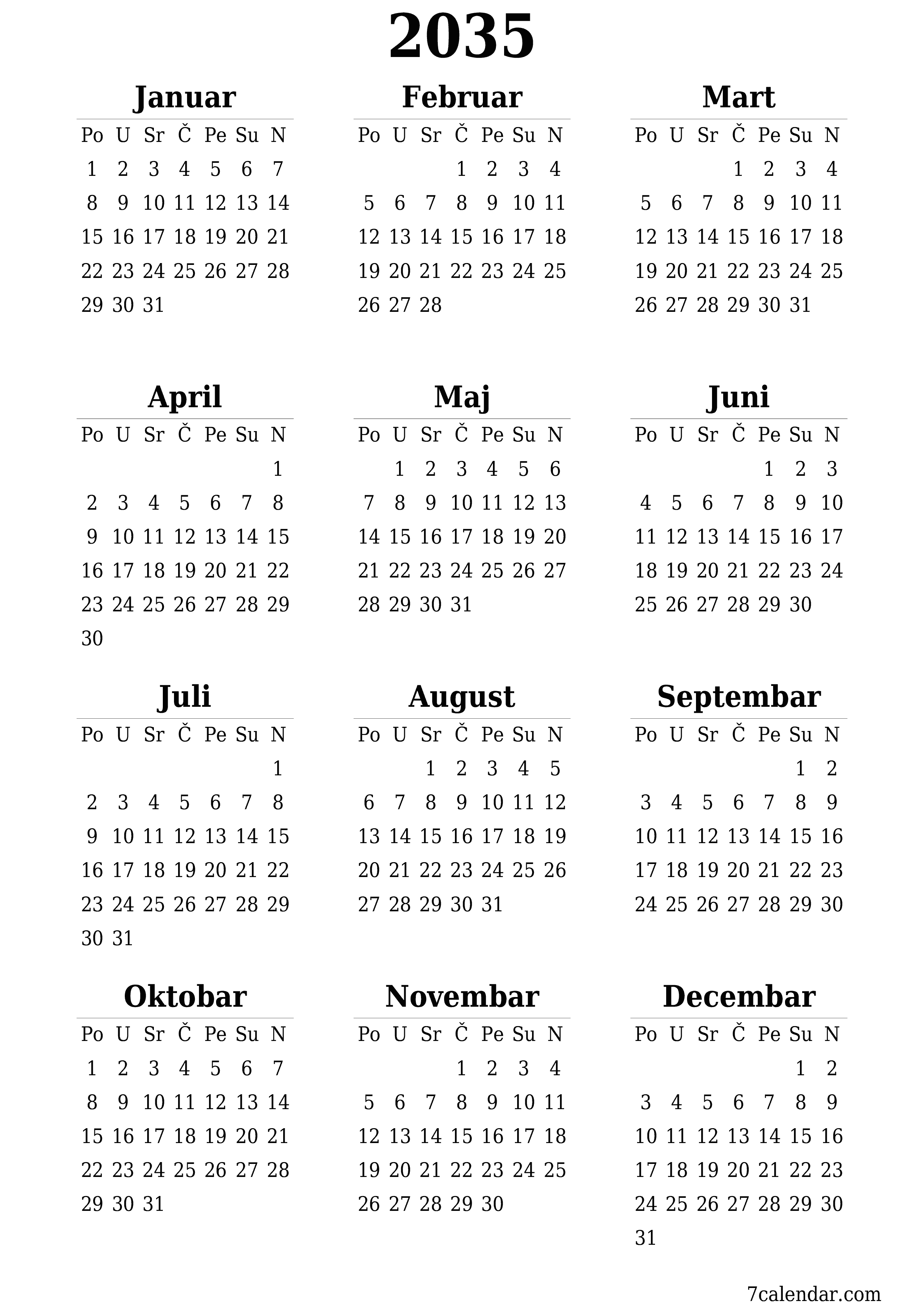  za štampanje zidni šablon a besplatni vertikalno Godišnje kalendar Juni (Jun) 2035