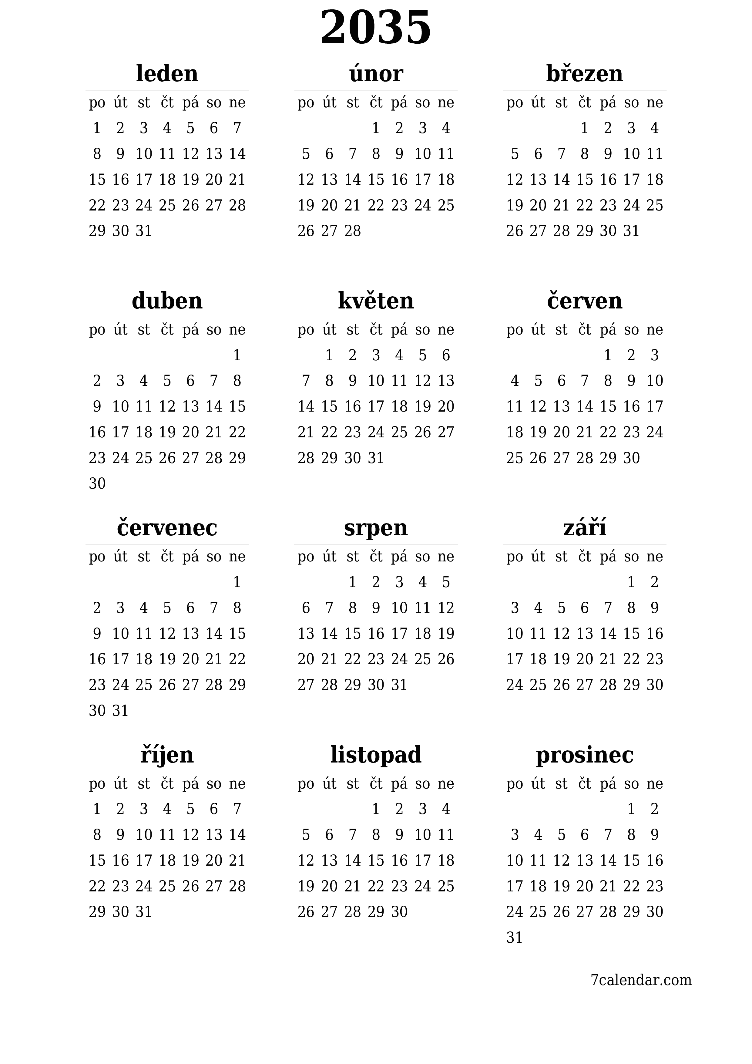  pro tisk nástěnný šablona e zdarmavertikální Roční kalendář červen (čvn) 2035