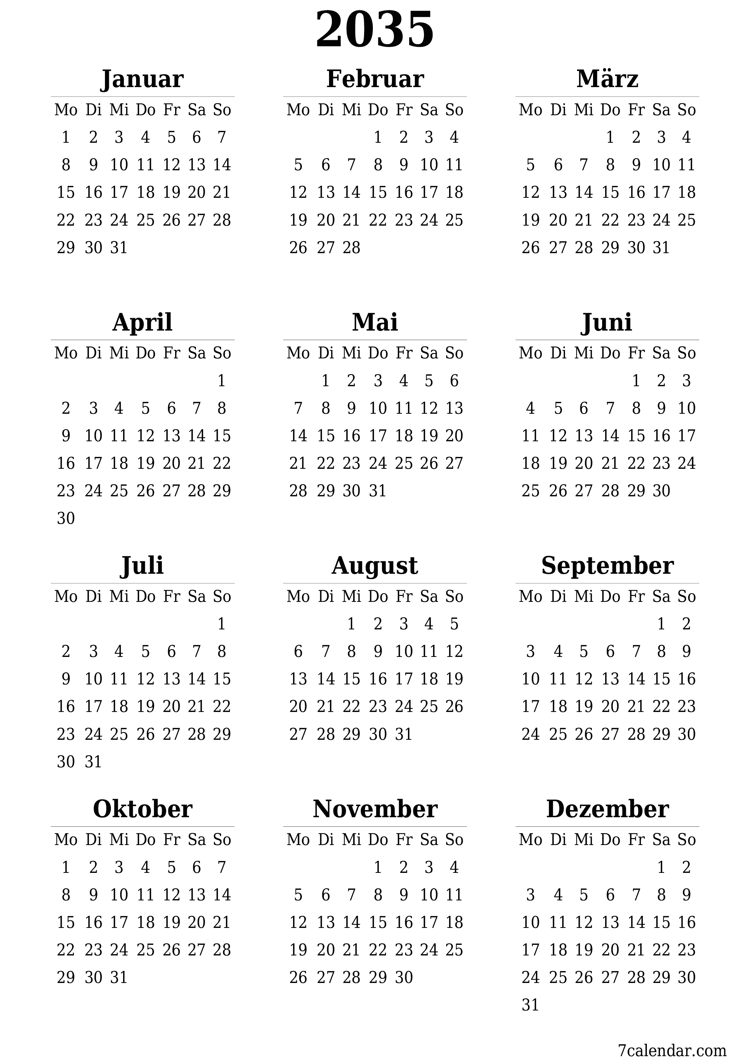 Jahresplanerkalender für das Jahr 2035 mit Notizen leeren, speichern und als PDF PNG German - 7calendar.com drucken