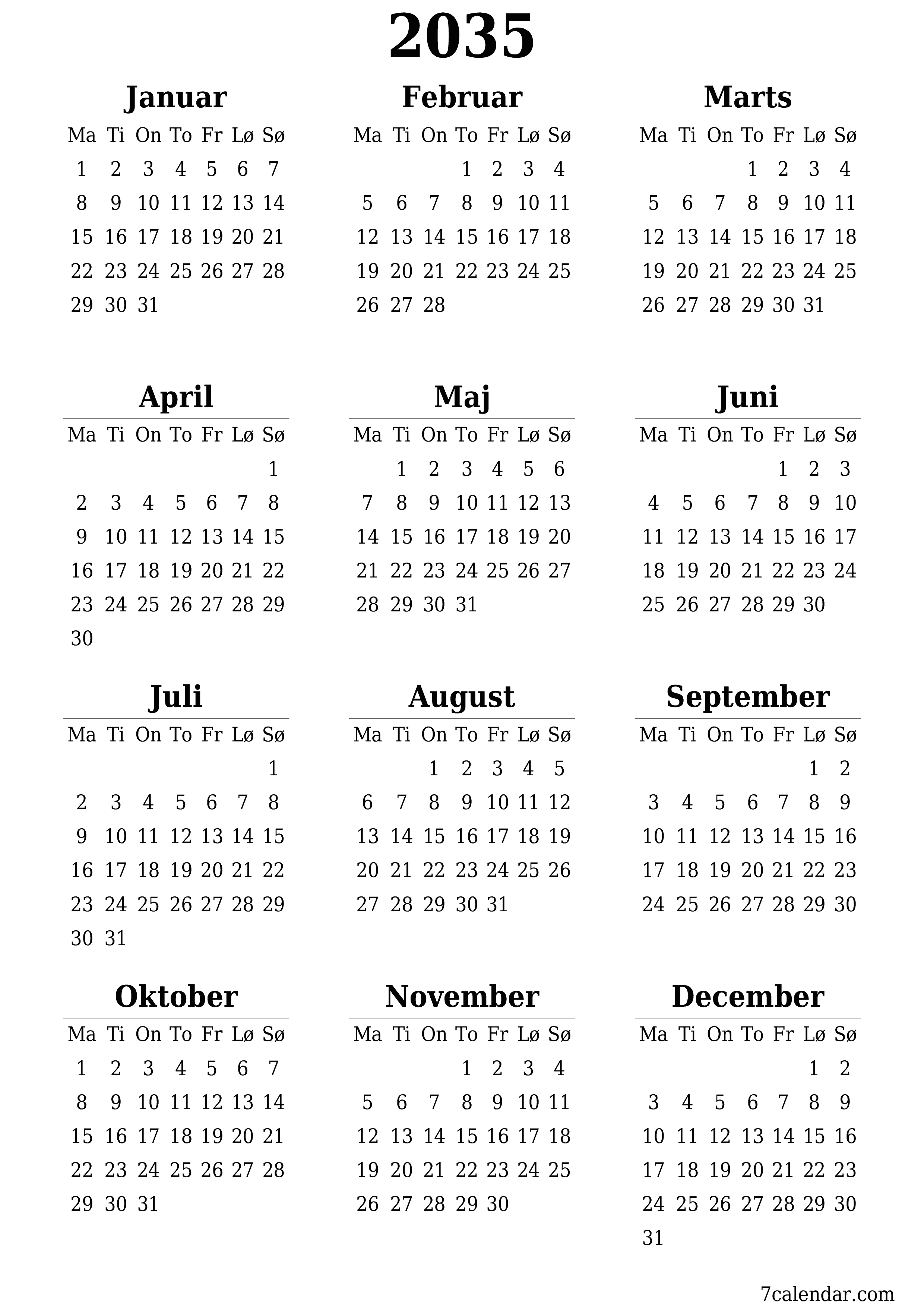 Tom årlig planlægningskalender for året 2035 med noter, gem og udskriv til PDF PNG Danish