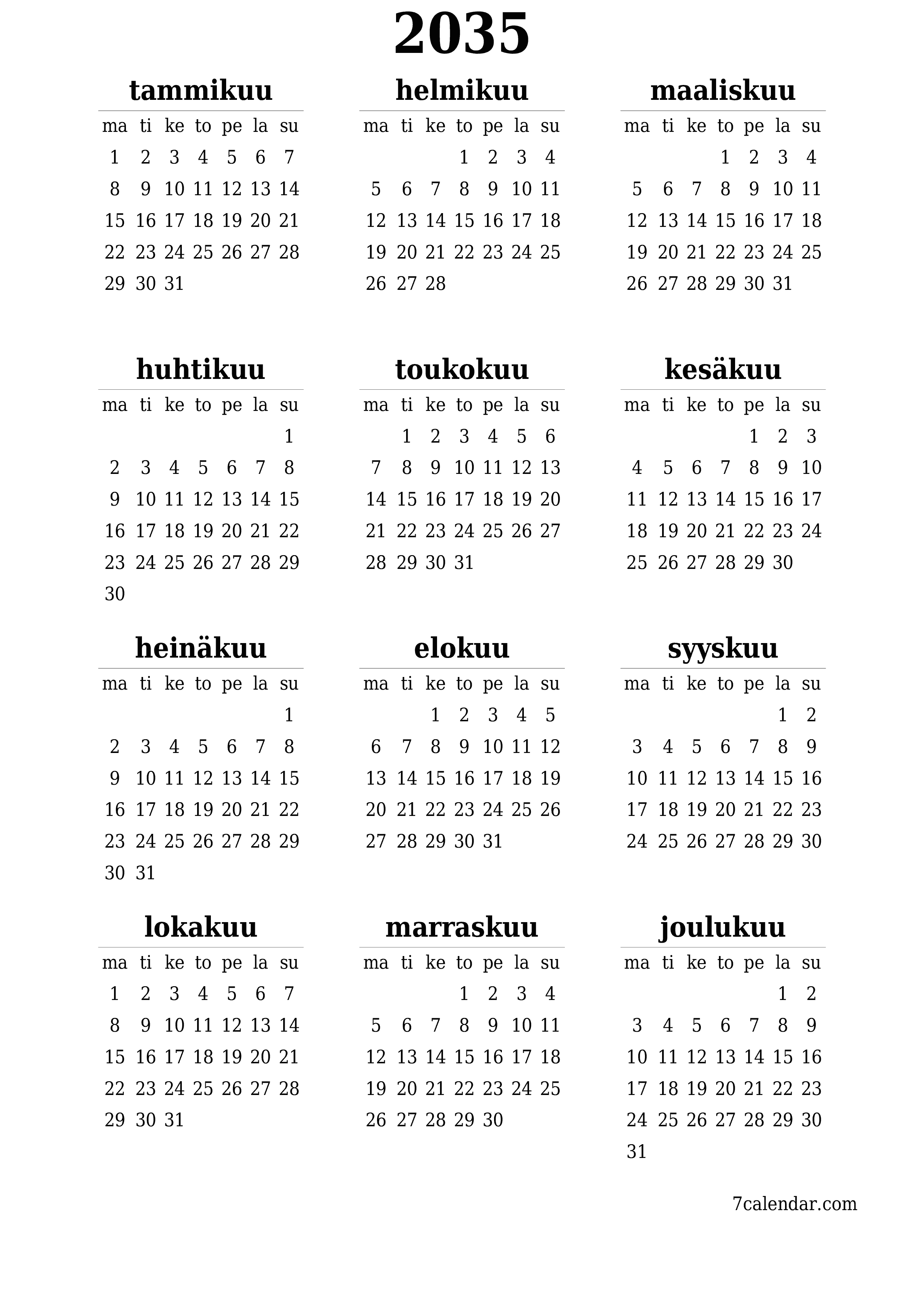 Tyhjä vuosisuunnittelukalenteri vuodelle 2035 muistiinpanoilla, tallenna ja tulosta PDF-muotoon PNG Finnish