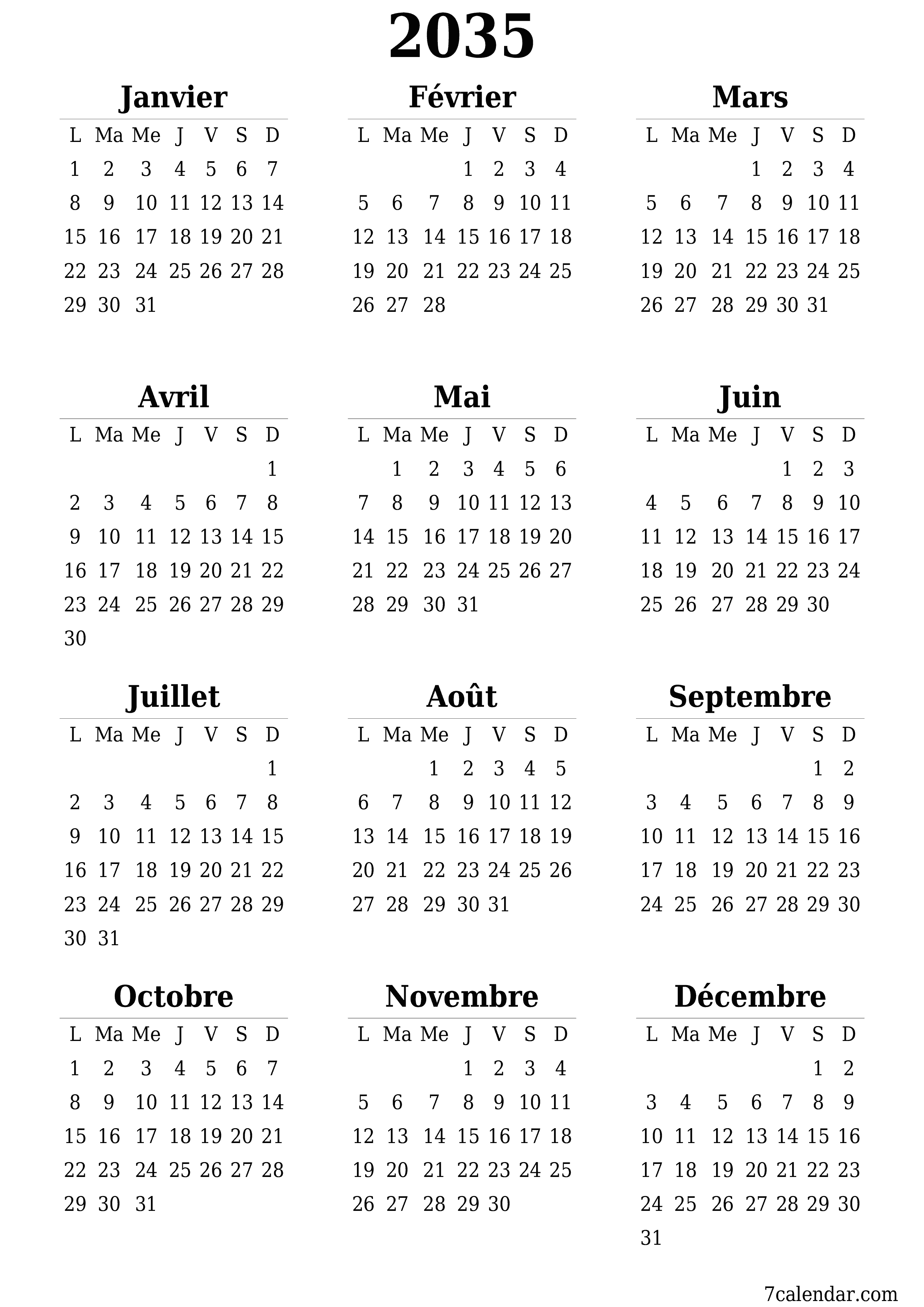 Calendrier annuel vide pour l'année 2035 avec notes, enregistrer et imprimer au format PDF PNG French