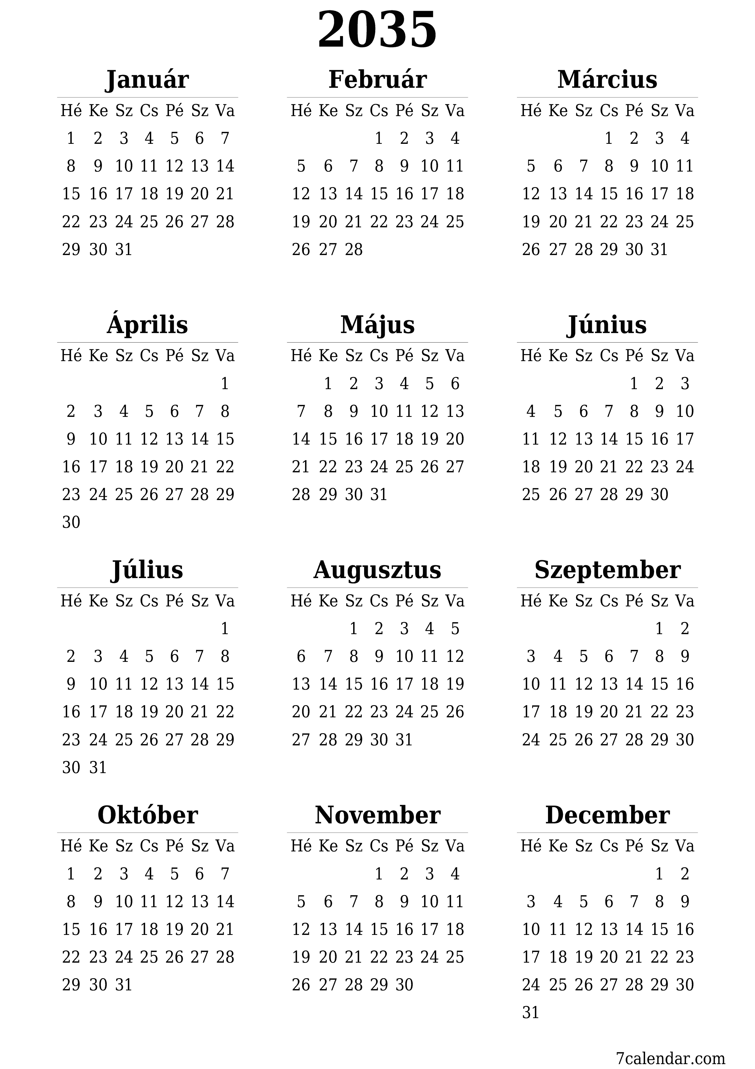 nyomtatható fali sablon ingyenes függőleges Éves naptár Június (Jún) 2035