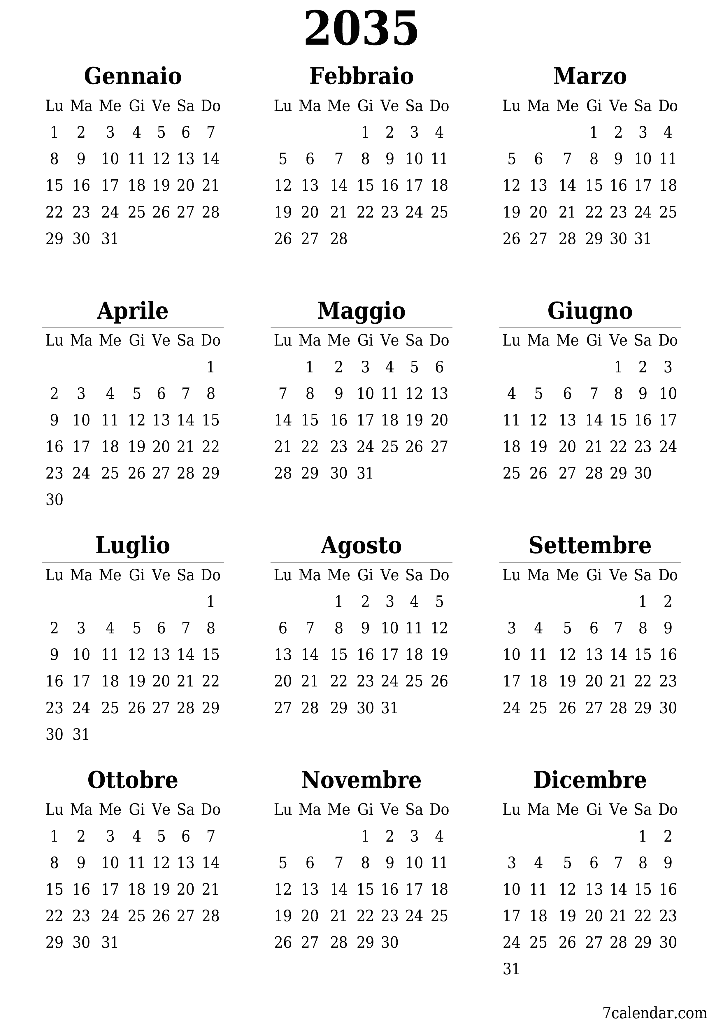 Calendario pianificatore annuale vuoto per l'anno 2035 con note, salva e stampa in PDF PNG Italian